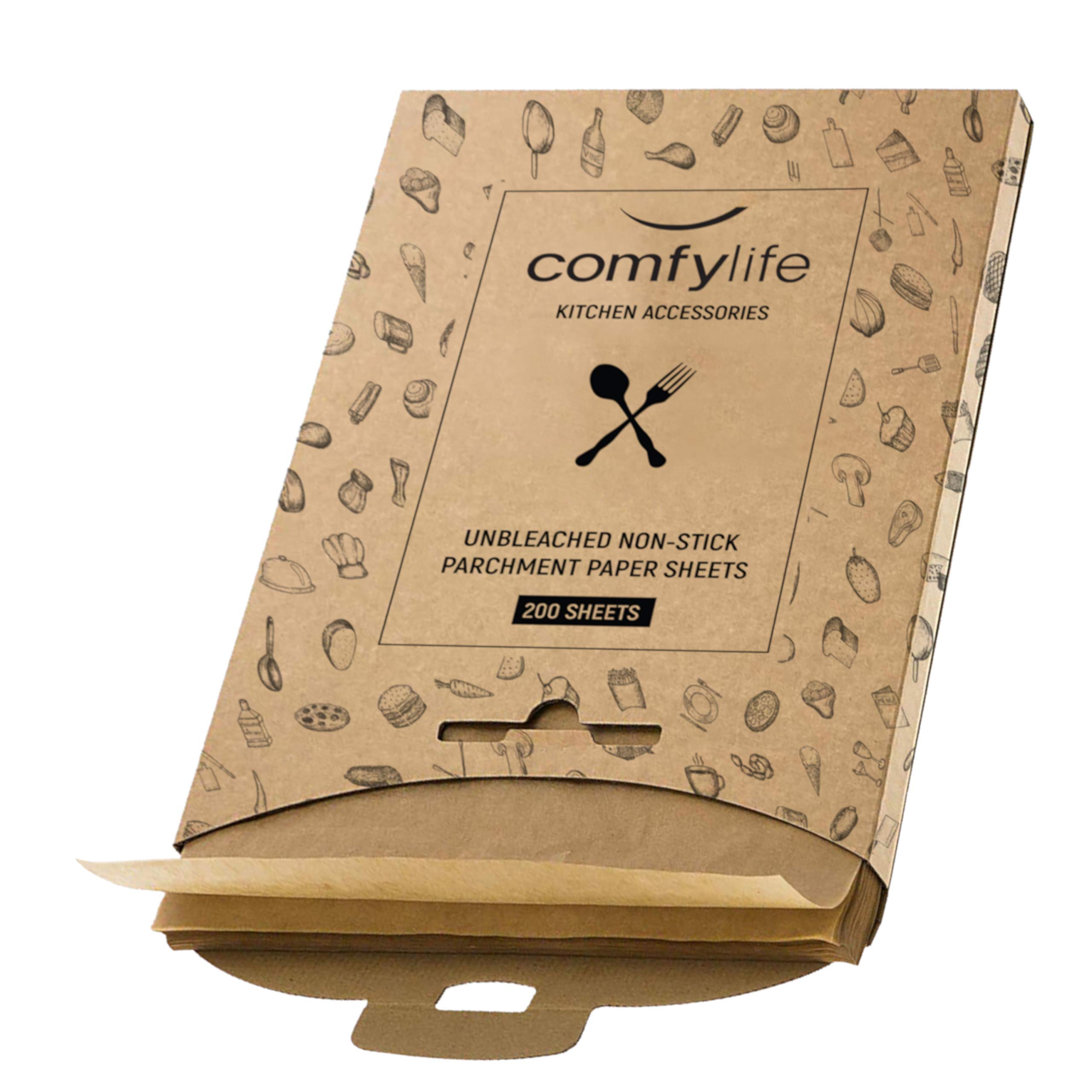 Comfylife 200 Sheets Unbleached Parchment Paper for Baking - 10x15 Inch Precut Non-Stick Baking Sheets, No Curl No Tear No Burn - Chemical-Free Cookie & Pastry Paper for Oven, Air Fryer & Meal Prep