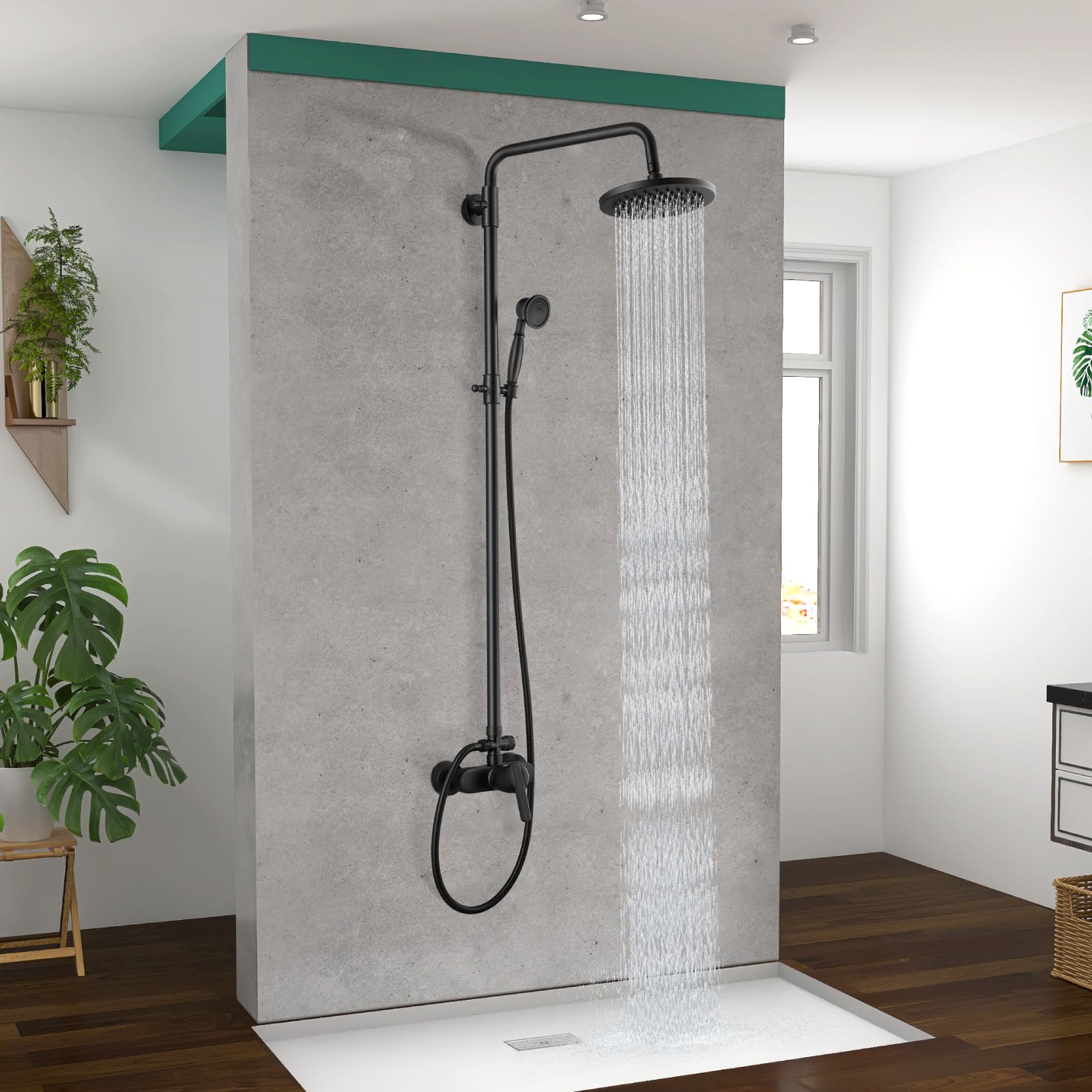 Matte Black Exposed Pipe Shower System - 8 Inch Rainfall Shower Head & Handheld Sprayer Combo with Single Handle Brass Faucet for Modern Bathroom | Dual Function Shower Set for Luxurious Spa Experience at Home