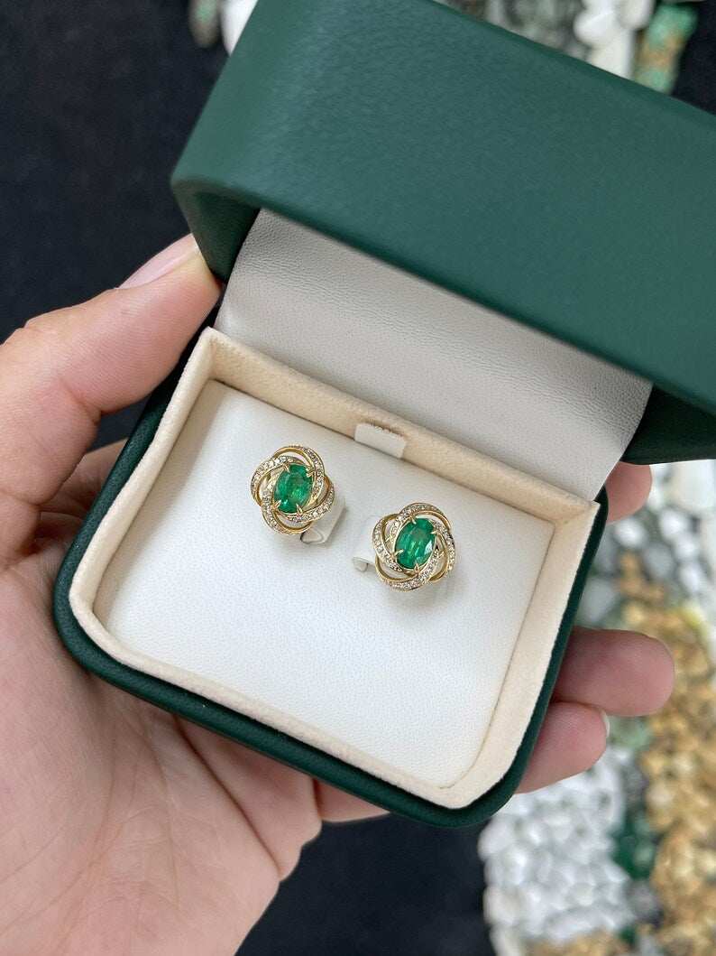 2.31tcw 14K Gold Oval Cut Emerald & Diamond Halo Earrings - Medium Dark Green Gemstone Jewelry for Women, Perfect for Weddings, Parties & Special Occasions