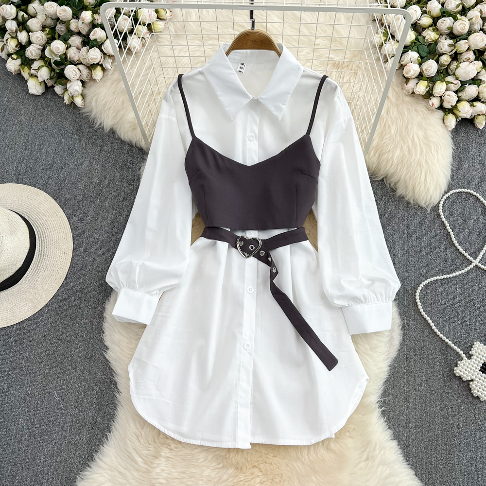 Vintage White Shirt Dress Two Piece Set for Women - Fall Autumn Outfits - Casual Office Wear & Date Night Fashion