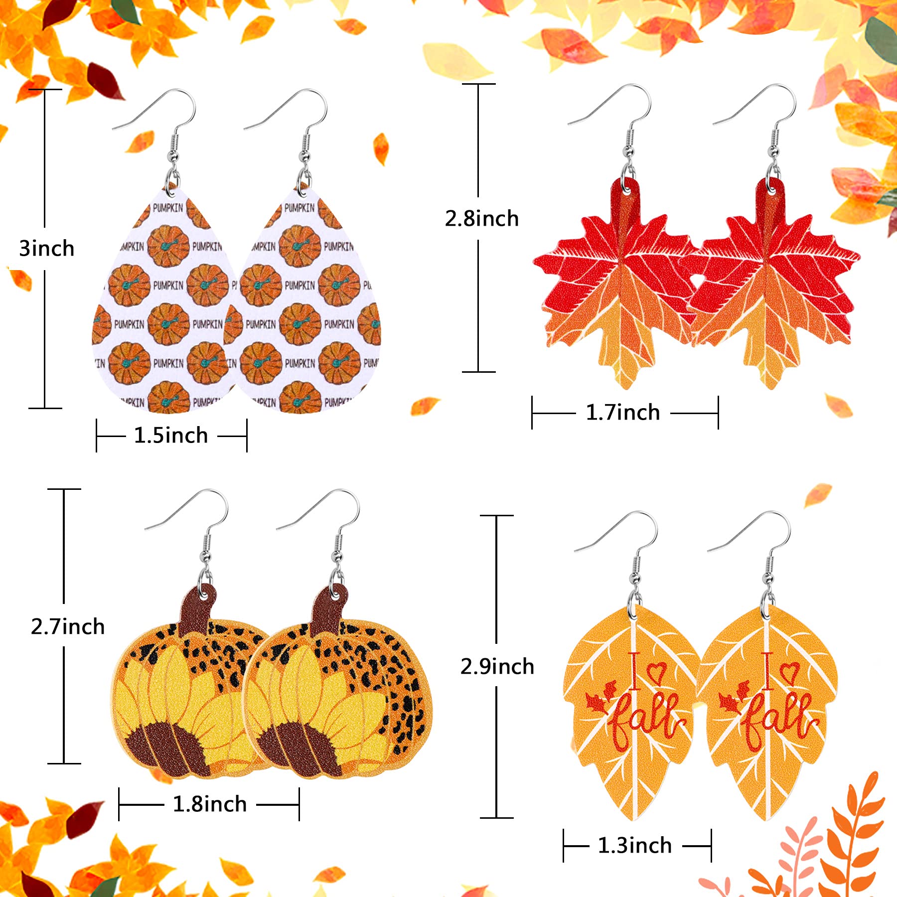 9 Pairs Thanksgiving Fall Faux Leather Earrings for Women - Pumpkin, Sunflower & Maple Leaf Dangle Earrings - Lightweight Autumn Jewelry for Holiday Parties, Office Wear & Seasonal Outfits