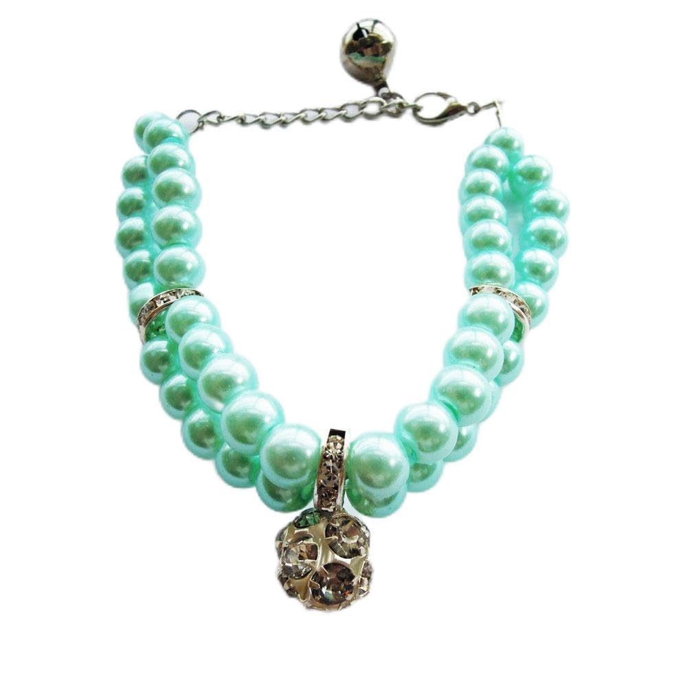 Luxury 2 Row Pearls Rhinestone Pet Collar Necklace with Crystal Ball Charm - Elegant Jewelry for Small Dogs, Cats, Puppies, Chihuahua & Yorkie - Adjustable 10-12 Inch (Blue) - Perfect for Parties, Photos & Special Occasions
