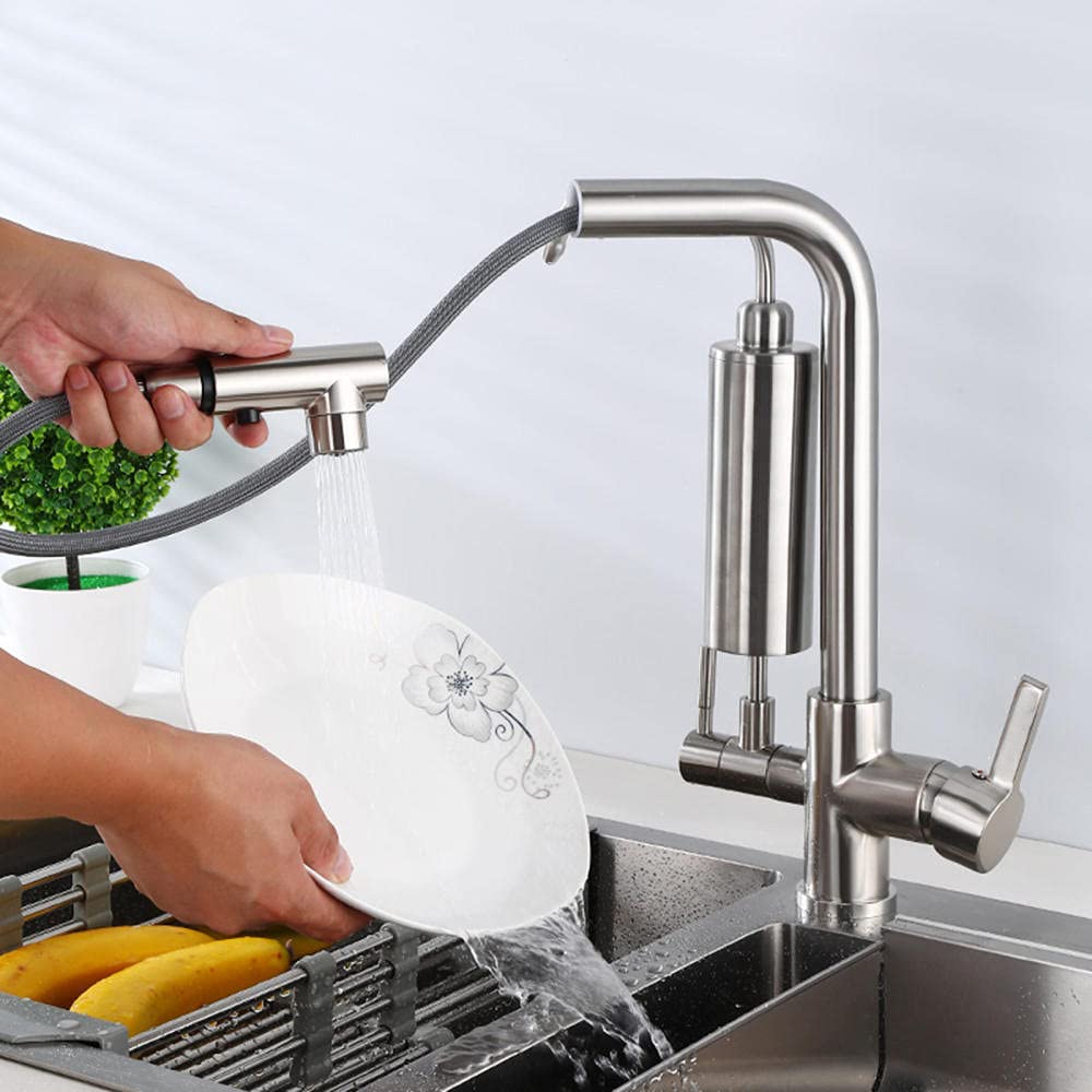 3-Way Pull-Out Spray Kitchen Faucet with Water Purifier & Filter, 360° Rotation Brushed Brass Finish, Ideal for Modern Home Cooking & Dishwashing