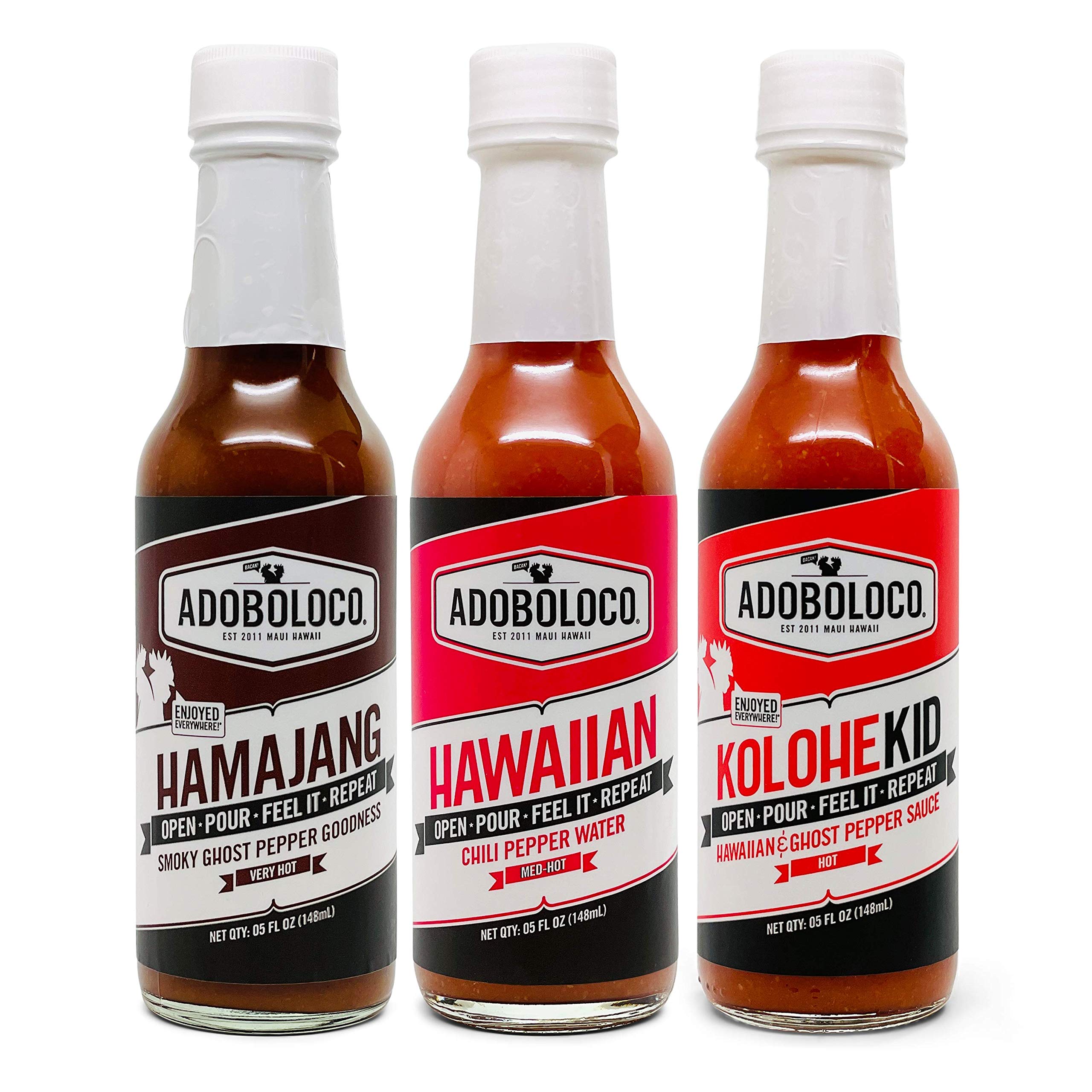 Adoboloco Hot Sauce Power Pack (3-Pack) 5oz - Spicy Hamajang, Hawaiian Chili Pepper Water & Kolohekid Fiery Chili Pepper Sauce Bundle - Perfect for Tacos, Wings, BBQ & Hawaiian Dishes
