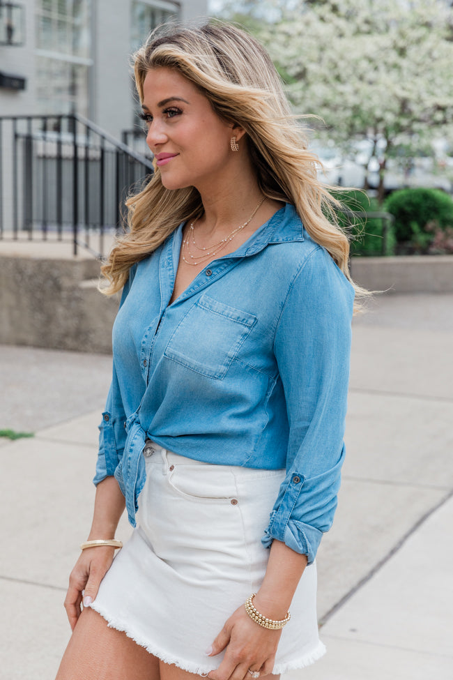 Simplify Life Medium Tie Front Chambray Blouse - Women's Casual Shirt for Work & Weekend | Perfect for Office, Date Night & Spring Outfits