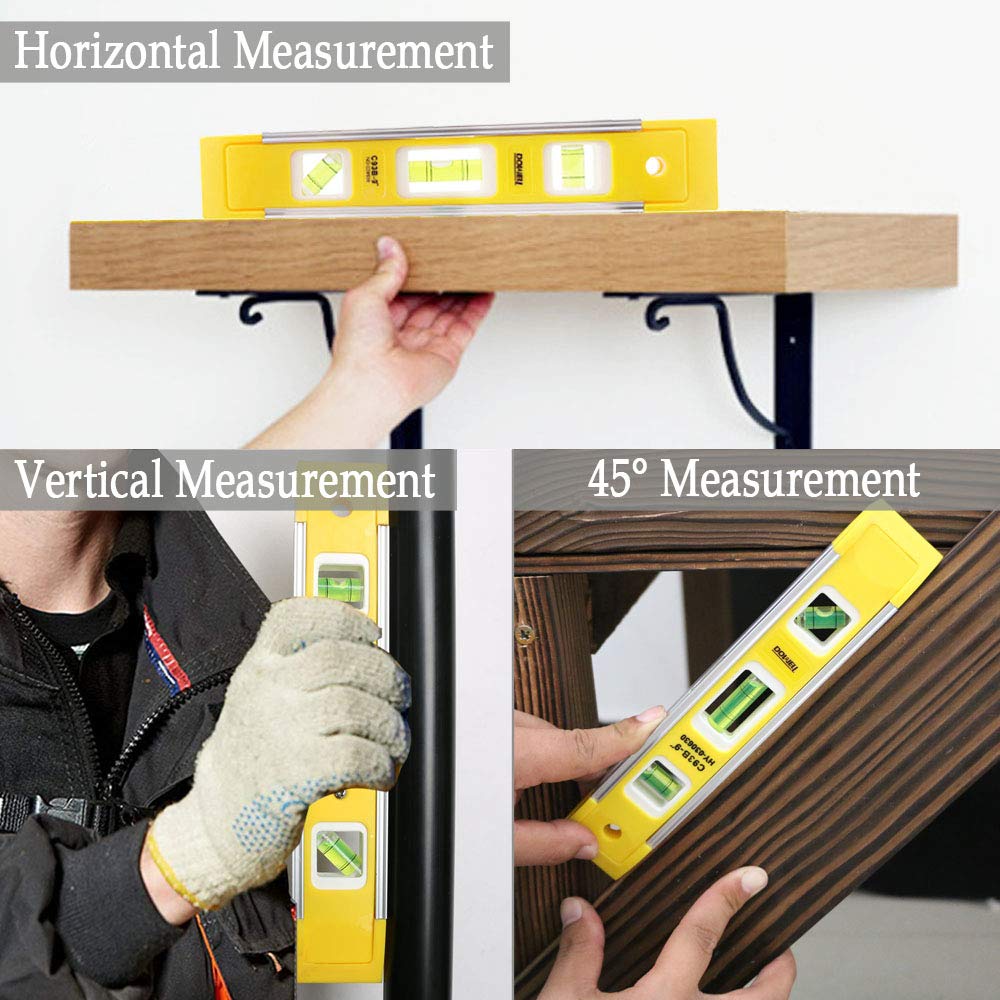DOWELL 9 Inch Magnetic Box Torpedo Level (3 Pack) - 3 Vials (45°/90°/180°) Shock Resistant for Precise Measuring - Perfect for Construction, Carpentry, and DIY Home Projects