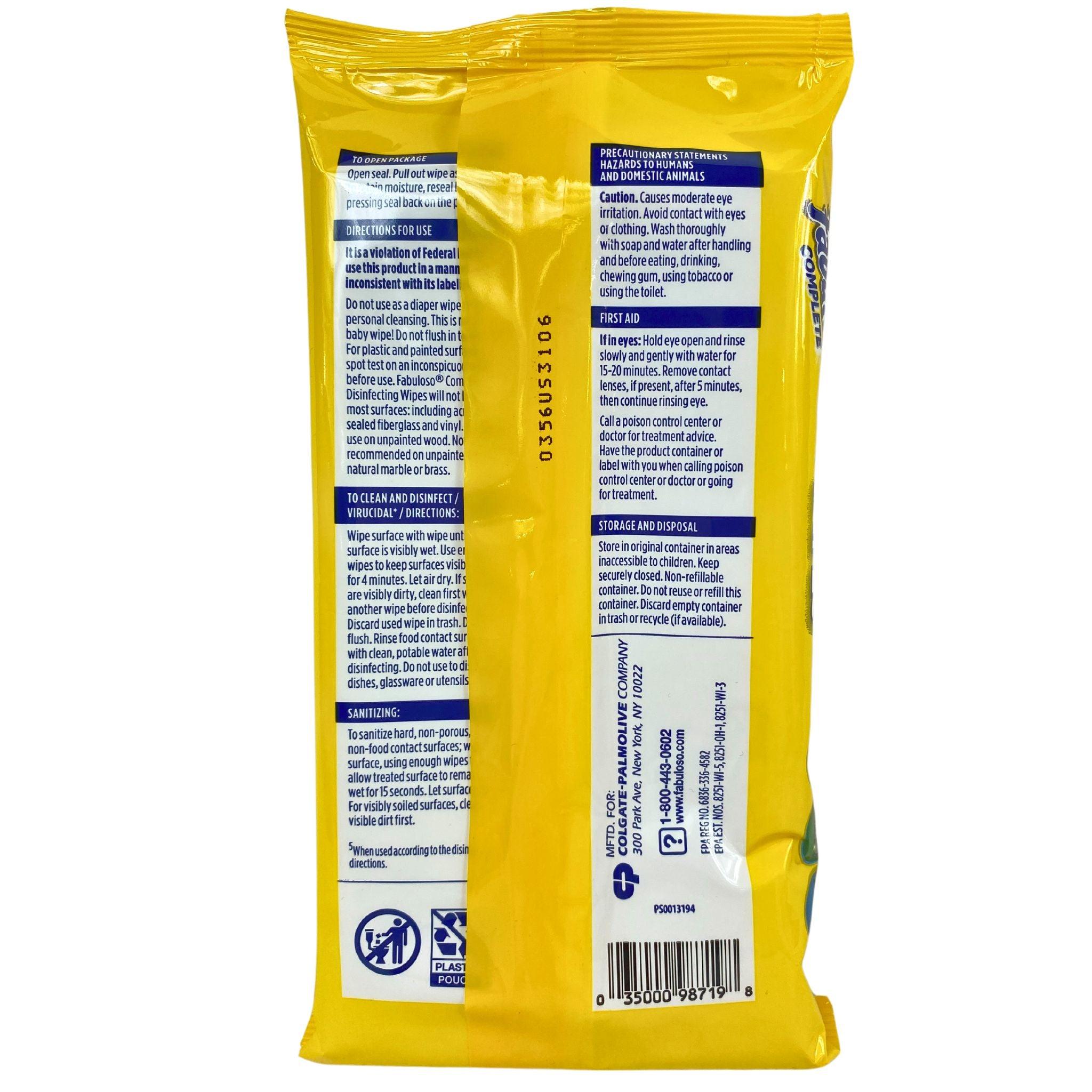 Fabuloso Complete Lemon Scent Disinfecting Wipes - 48 Count | Antibacterial Cleaning Wipes for Kitchen, Bathroom & Home Surfaces | Kills 99.9% of Germs & Bacteria | Fresh Lemon Scent
