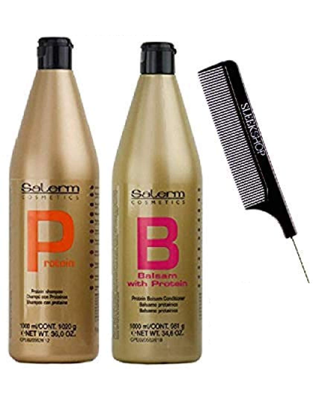 Salerm Cosmetics Keratin Silk Protein Shampoo & Conditioner Duo Set (36 oz + 34.6 oz) with Sleek Steel Pin Tail Comb - XXL Combo Kit for Damaged Hair Repair & Smoothing - Perfect for Salon-Quality Hair Care at Home