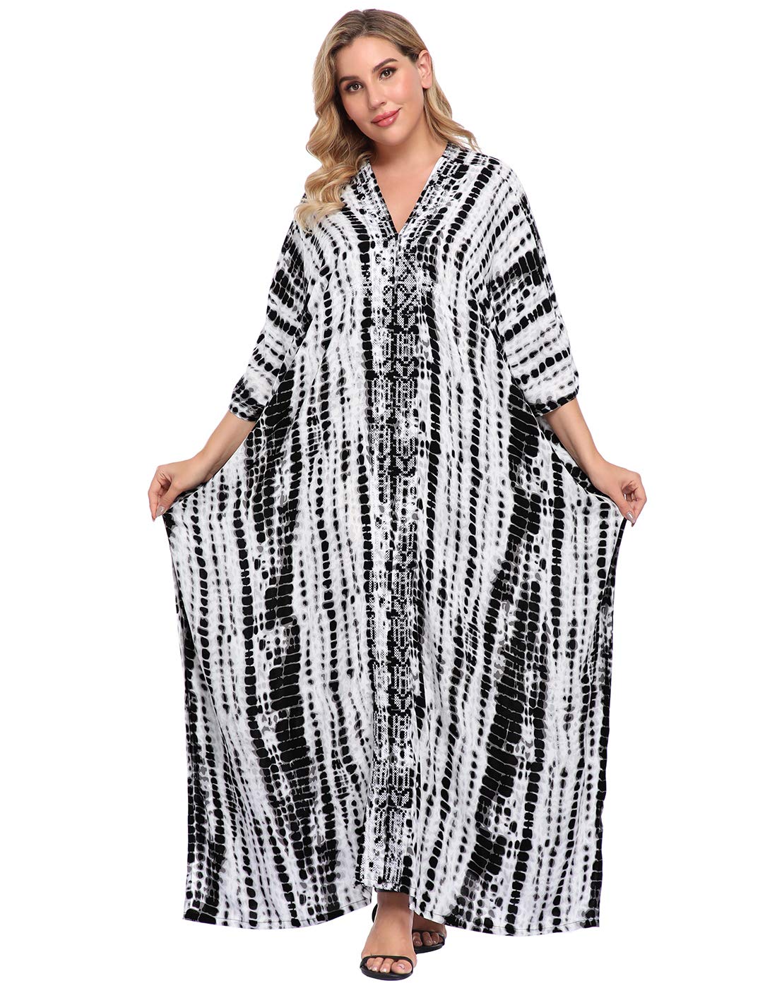 HDE Women's UPF 30+ Oversized Kaftan Dress - V Neck Long Maxi Swim Cover Up for Plus Size, Beach Vacation & Poolside Relaxation
