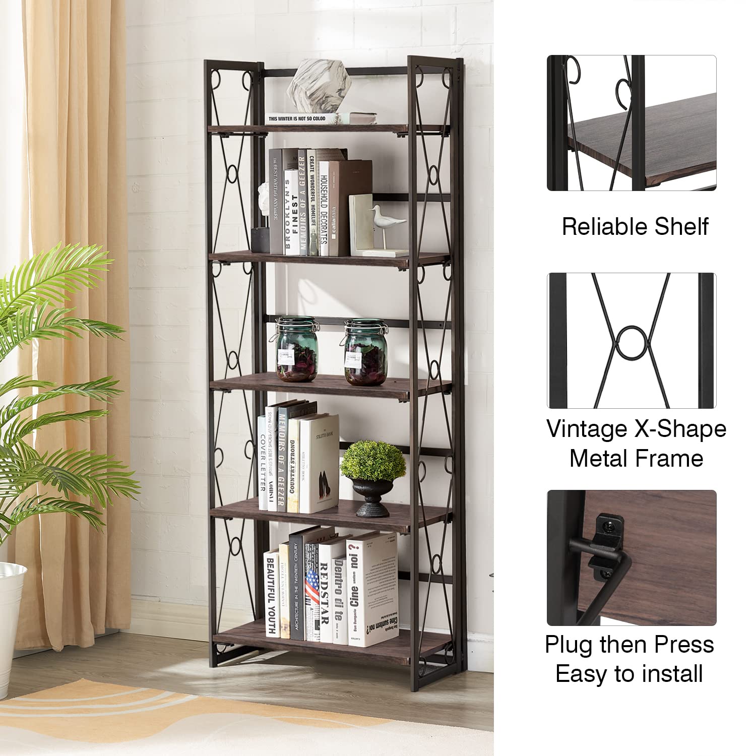 VECELO 5-Tier Folding Bookshelf - No Assembly Metal Bookcase, Industrial Freestanding Shelf Organizer for Living Room, Office, Bedroom & Kitchen - Perfect for Small Spaces & Home Storage Solutions