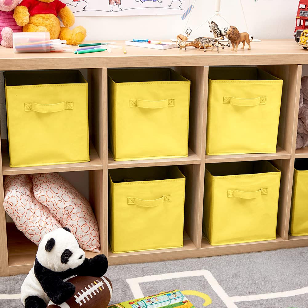 EZOWARE 6-Pack Collapsible Fabric Storage Bins with Handles - Foldable Organizer Cubes for Home, Nursery, Closet (26.7x26.7x27.8cm, Yellow) - Perfect for Toy Storage, Baby Clothes Organization & Seasonal Decor