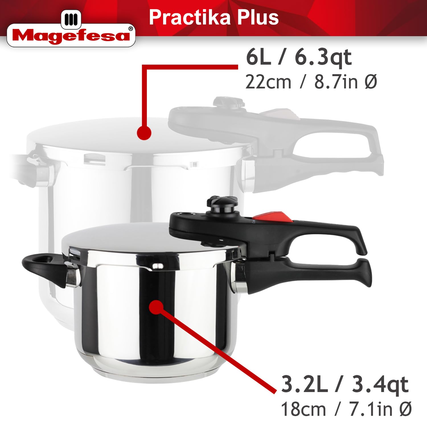 Magefesa Practika Plus 8-Quart Stainless Steel Pressure Cooker - 18/10 Induction Compatible with 5-Layer Heat Diffuser & 5 Safety Systems - Perfect for Canning, Stewing & Fast Cooking in Kitchens