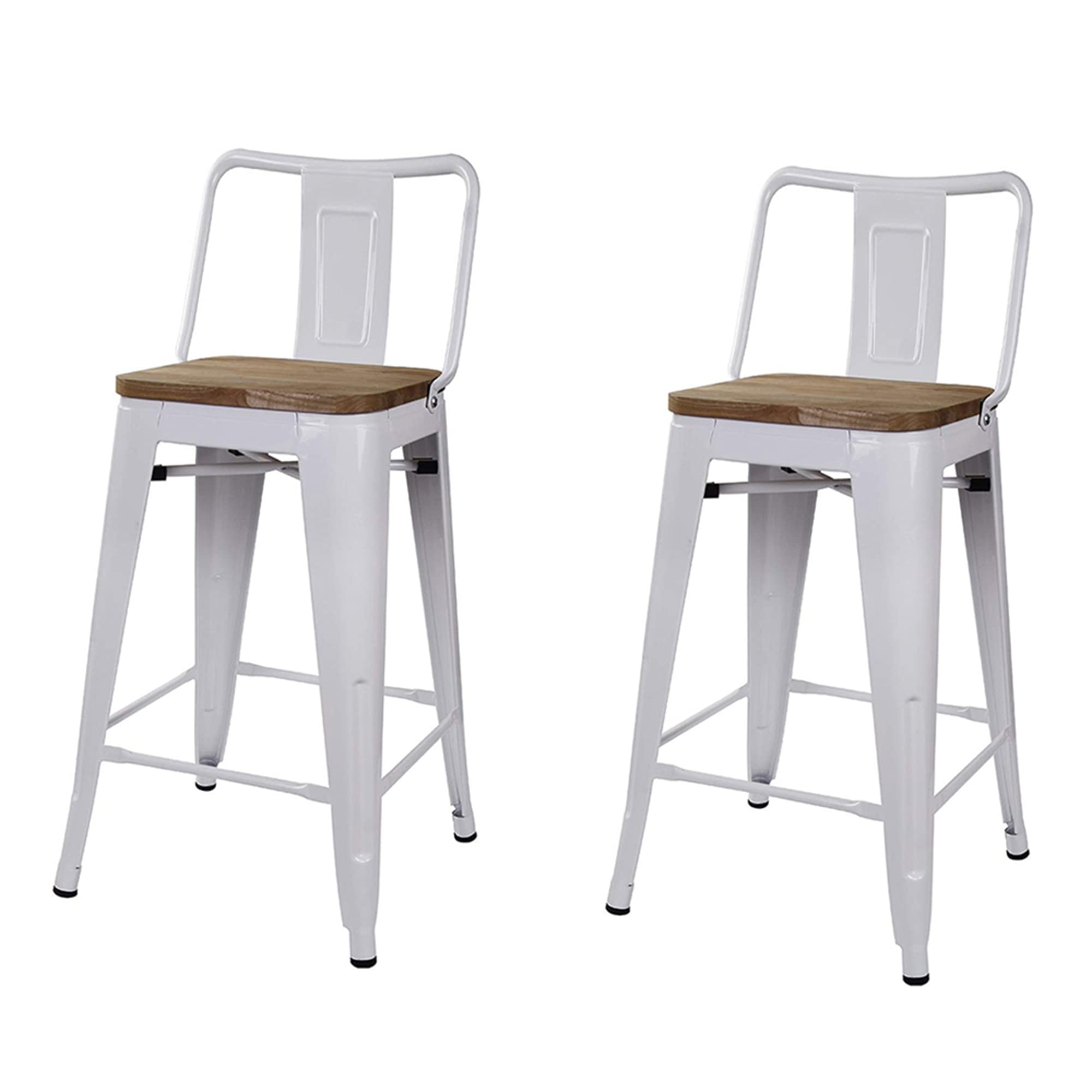 LEEJAY Commercial Grade Indoor Metal Bar Stools Set of 4 - 24 Inch High Back White Counter Height Barstools with Light Wooden Top, 12