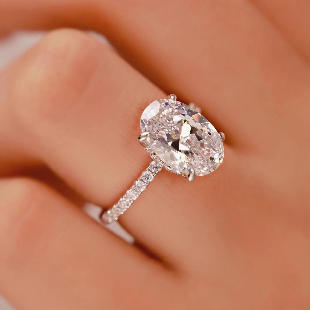 Moissanite Engagement Ring for Women - Oval Solitaire Halo CZ Wedding Band for Bridal Jewelry & Travel