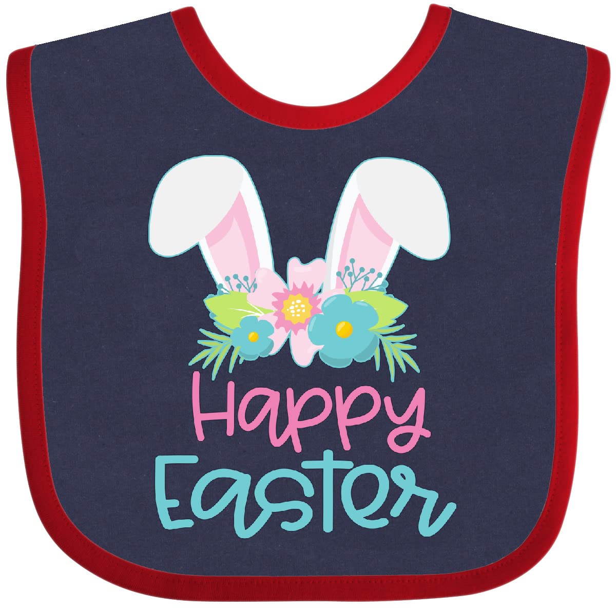 Inktastic Happy Easter Baby Bib with Bunny Ears & Floral Design - Soft Cotton Drool Bib for Infants & Toddlers - Perfect for Easter Photos, Family Gatherings & Holiday Celebrations