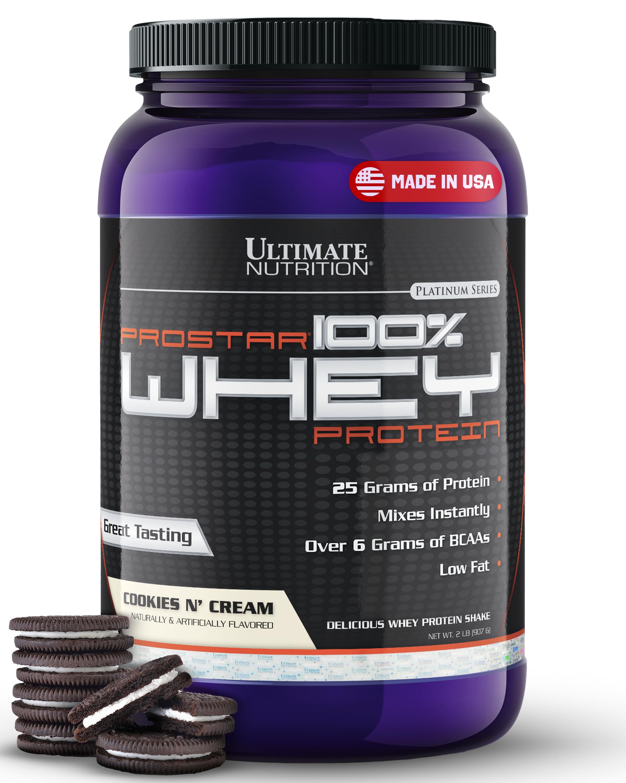 Ultimate Nutrition Prostar Whey Protein Powder Isolate - Cookies & Cream Flavor | Low Carb, High Protein Shake for Muscle Gain & Recovery | Low Sodium, Keto Friendly, Fat Free | 2 lbs Tub | Perfect for Post-Workout & Meal Replacement