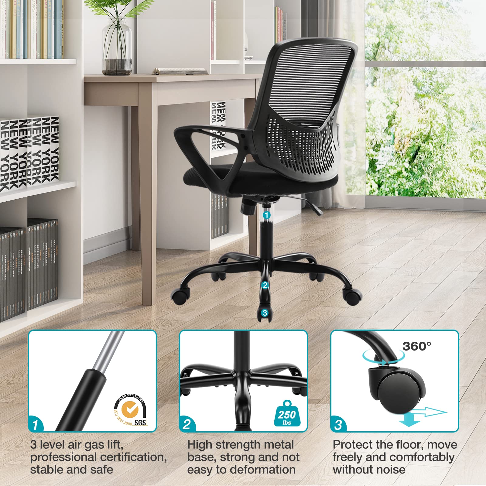 Ergonomic Office Chair with Wheels & Lumbar Support - Mid Back Mesh Computer Desk Chair with Fixed Armrests, Rolling Swivel Home Office Chair (Black) - Perfect for Long Work Hours, Gaming & Study Sessions