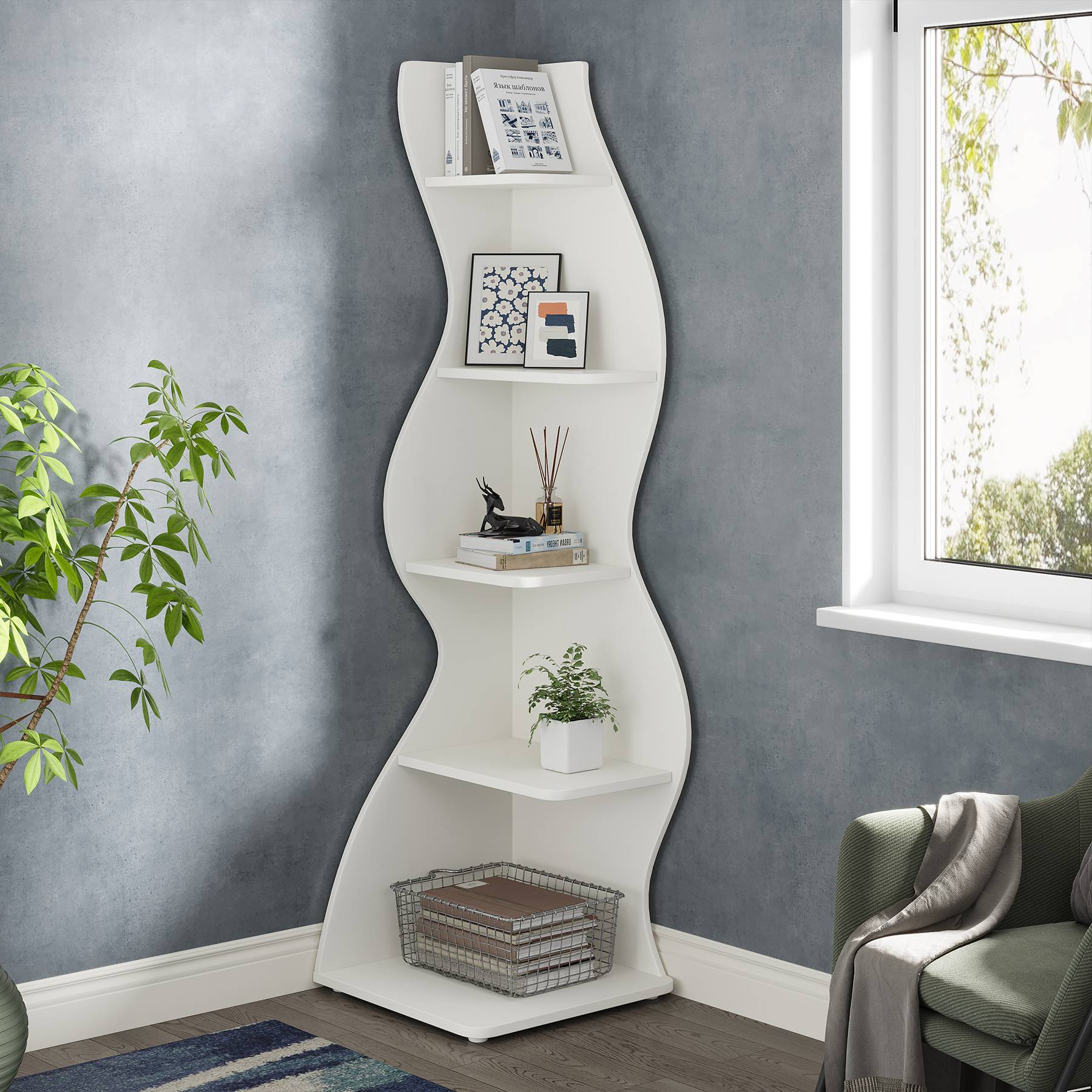 5 Tier Corner Shelf - Modern Wall Corner Bookshelf Bookcase for Living Room, Bedroom, Office - Space Saving Storage Solution for Books, Plants & Decor