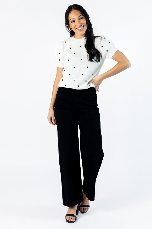 Polka Dot Ivory and Black Short Sleeve Sweater for Women - Cozy Knit Pullover Top for Casual Outings, Date Nights & Office Wear