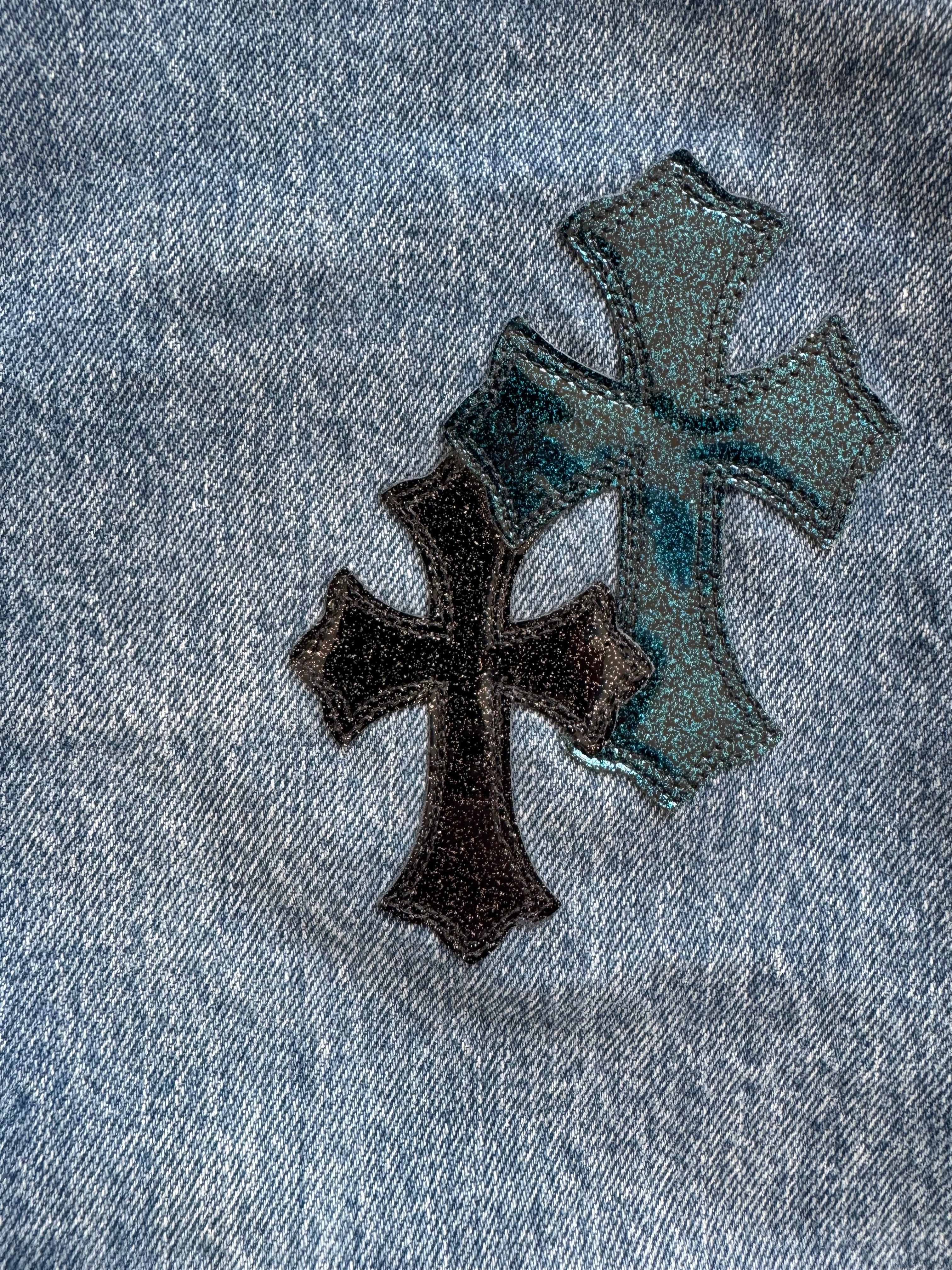 Chrome Hearts x Levi's St. Barth Blue Galaxy Patch Distressed Denim Jeans for Men - Vintage Designer Jeans with Unique Patches for Casual Wear & Street Style