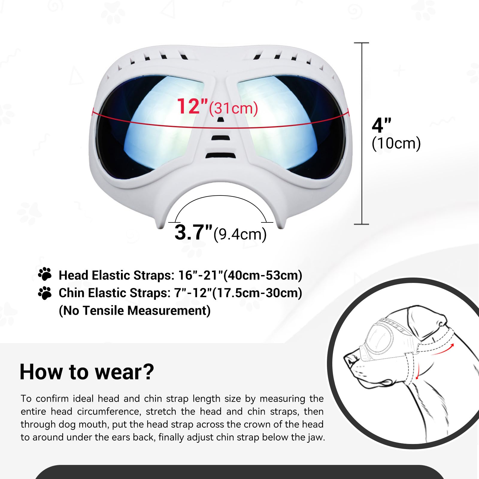 Tactical Dog Goggles for Large Dogs - UV Protection Sunglasses with Soft Frame & Adjustable Strap for Summer Driving & Winter Snow - White Pet Eye Protection for Medium to Large Breed Dogs