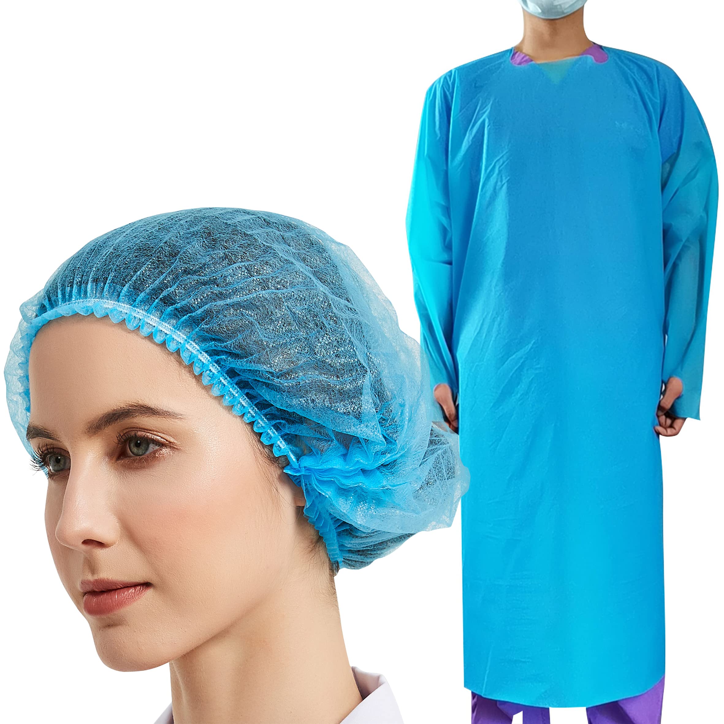 ProtectX Level 4 Disposable Isolation Gowns (200 Pack) & Blue Disposable Bouffant Hair Caps (500 Count) - Medical PPE for Hospitals, Clinics & Healthcare Workers