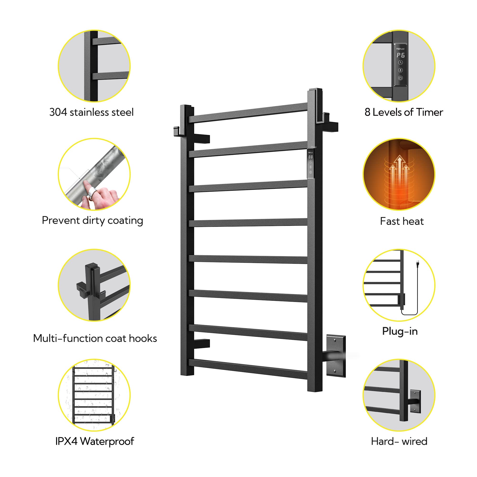 P&Bhusri 8-Bar Heated Towel Rack - Stainless Steel Matte Black Wall Mounted Electric Towel Warmer with Timer for Bathroom | Plug-in or Hard-Wired | Perfect for Spa, Luxury Hotels & Cozy Home Bathrooms