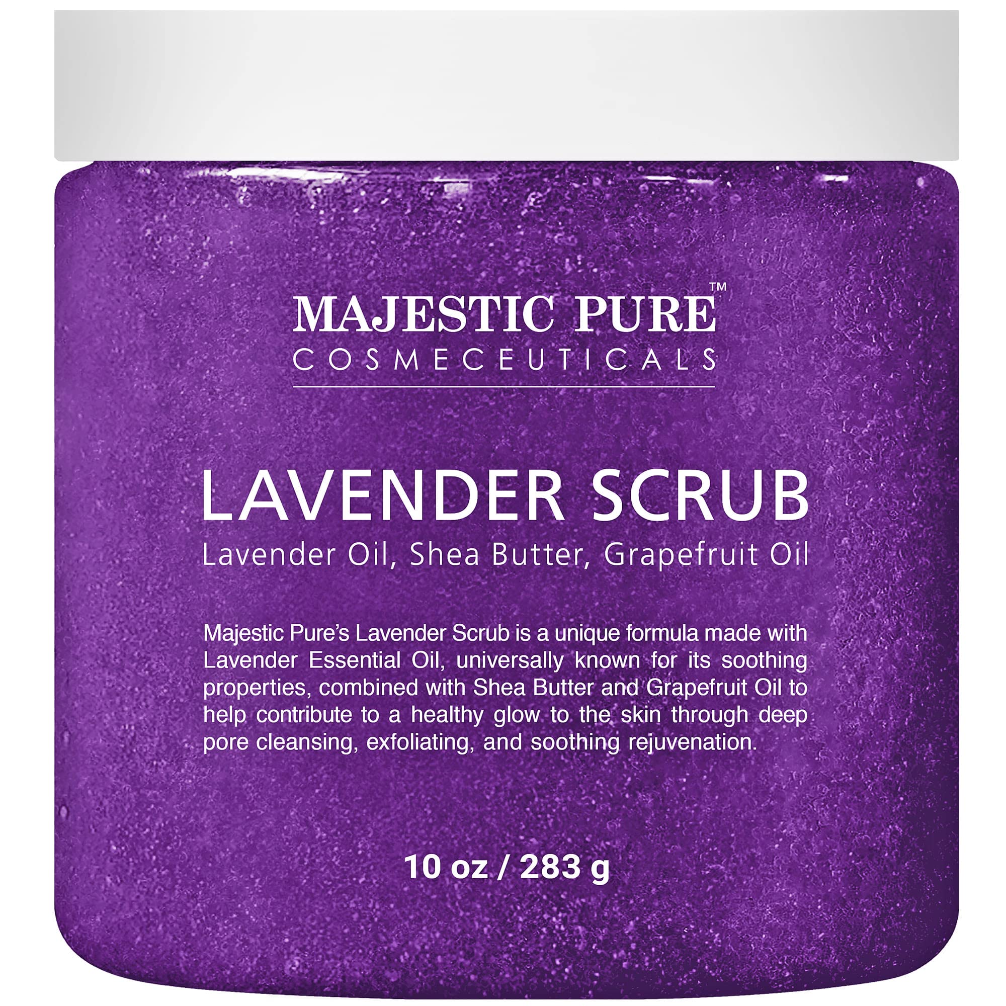 Majestic Pure Lavender Oil Body Scrub with Shea Butter & Grapefruit Oil - Exfoliating & Moisturizing Skin Care for Acne Treatment - 10 oz - Perfect for Spa Day, Dry Skin Relief & Self-Care Routine