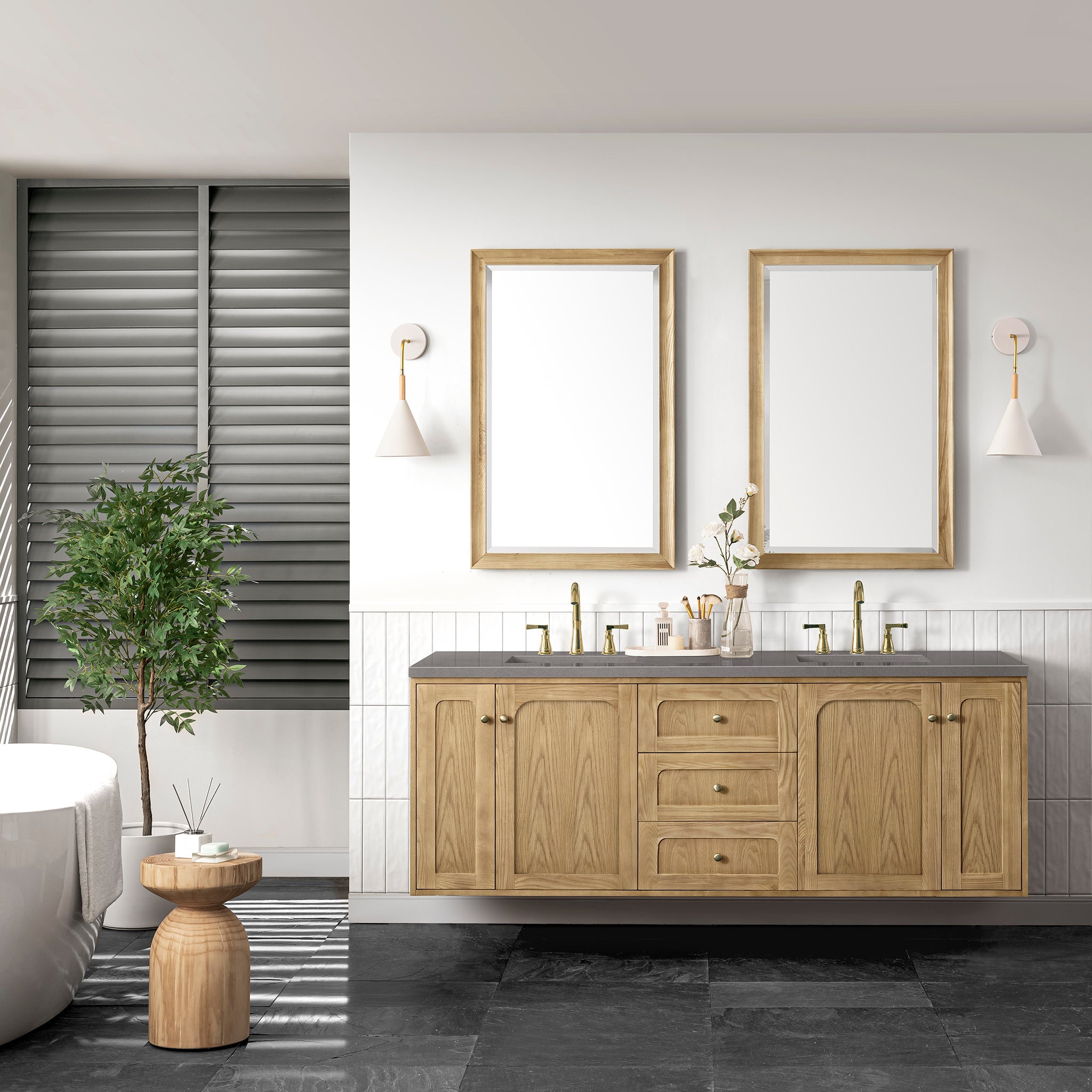 Laurent 72 Inch Double Bathroom Vanity with Sink - Light Natural Oak Finish & 3CM Grey Expo Countertop - Perfect for Master Bathroom Renovation and Modern Home Decor