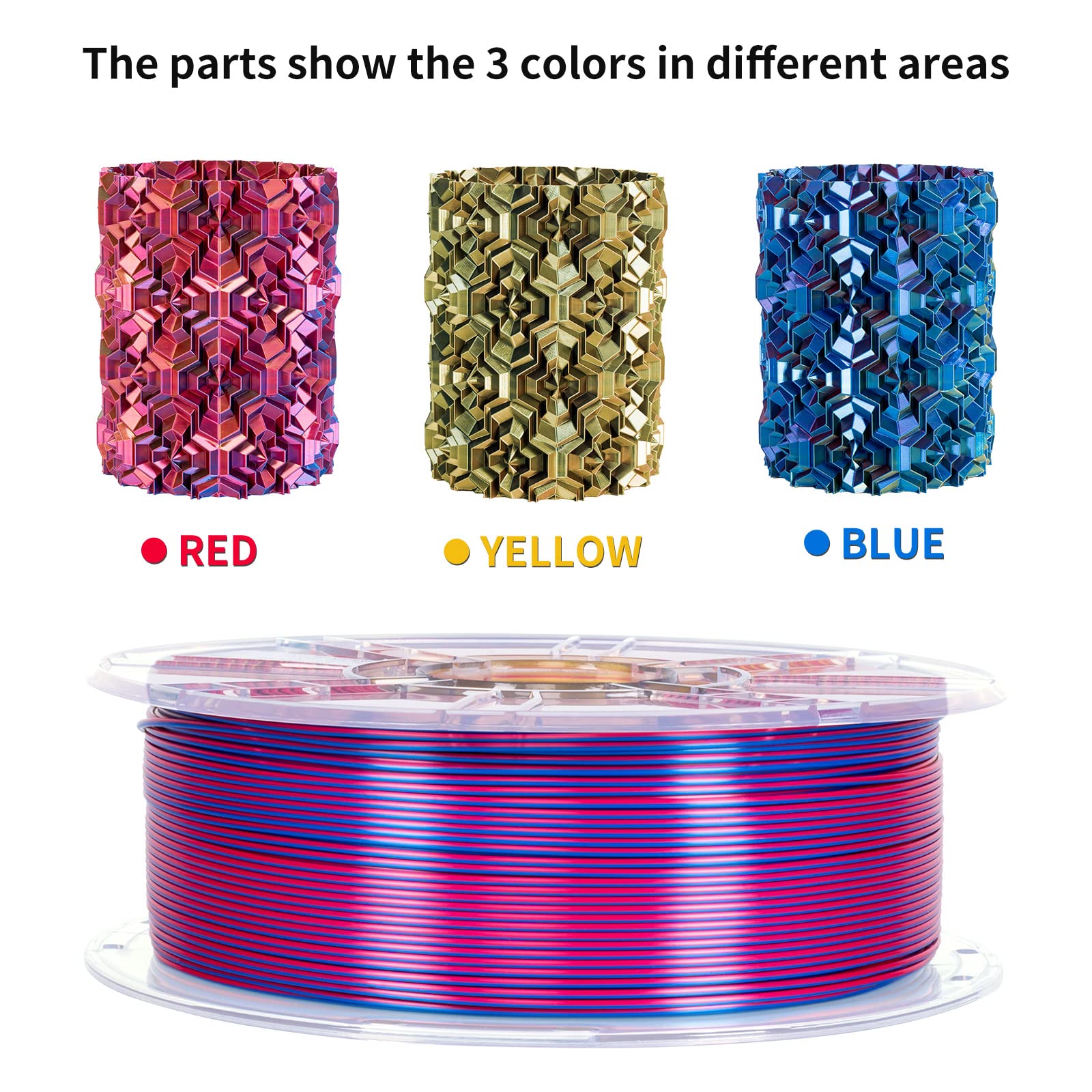 TRONXY 3D Printer Filament, Triple Color Coextrusion PLA Filament 1.75mm, Silk Red Yellow Blue Filament, 3D Printing Filament +/-0.03mm, 1kg/2.2lbs - Perfect for DIY Projects, Cosplay Props, and Creative Models