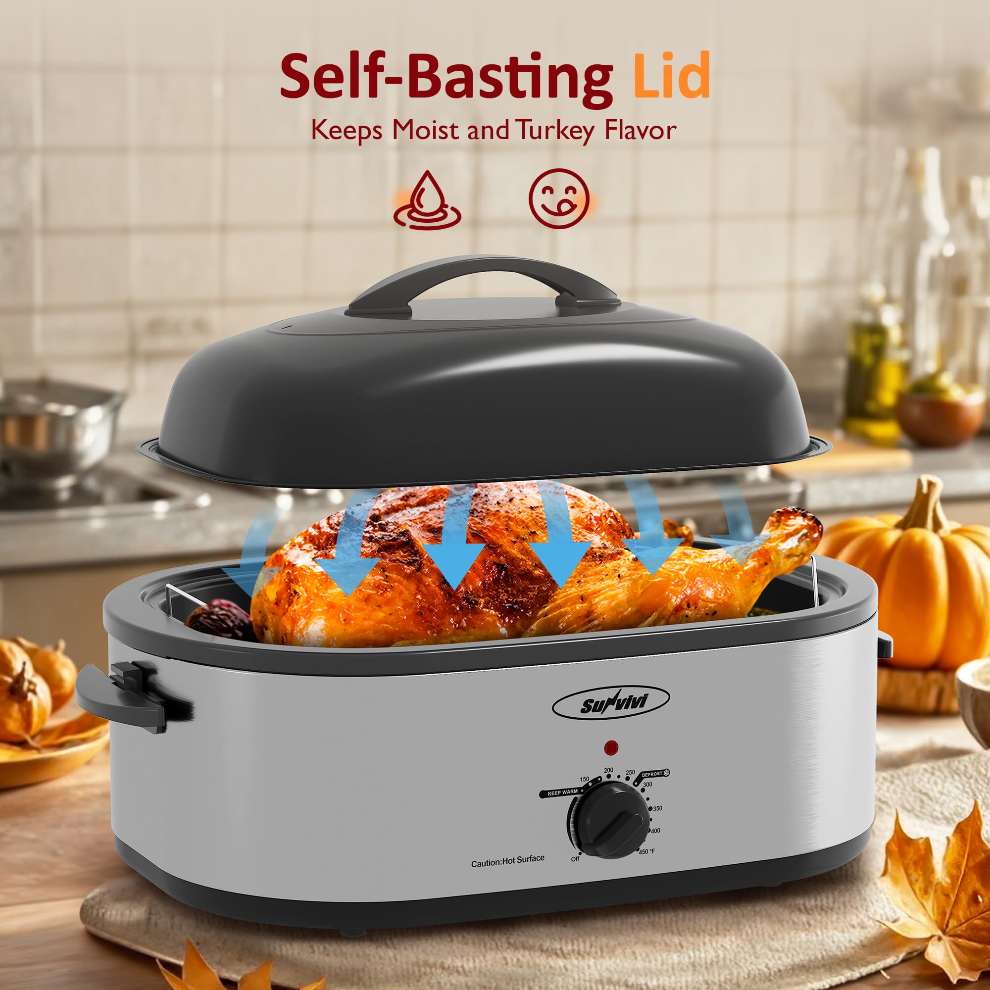 Sunvivi 20 Quart Electric Roaster Oven with Lid - Large Turkey Roaster with Removable Pan, Self-Basting Lid, Fast Heating & Thaw/Warming Setting - Perfect for Thanksgiving, Holiday Cooking, and Family Gatherings (Silver)
