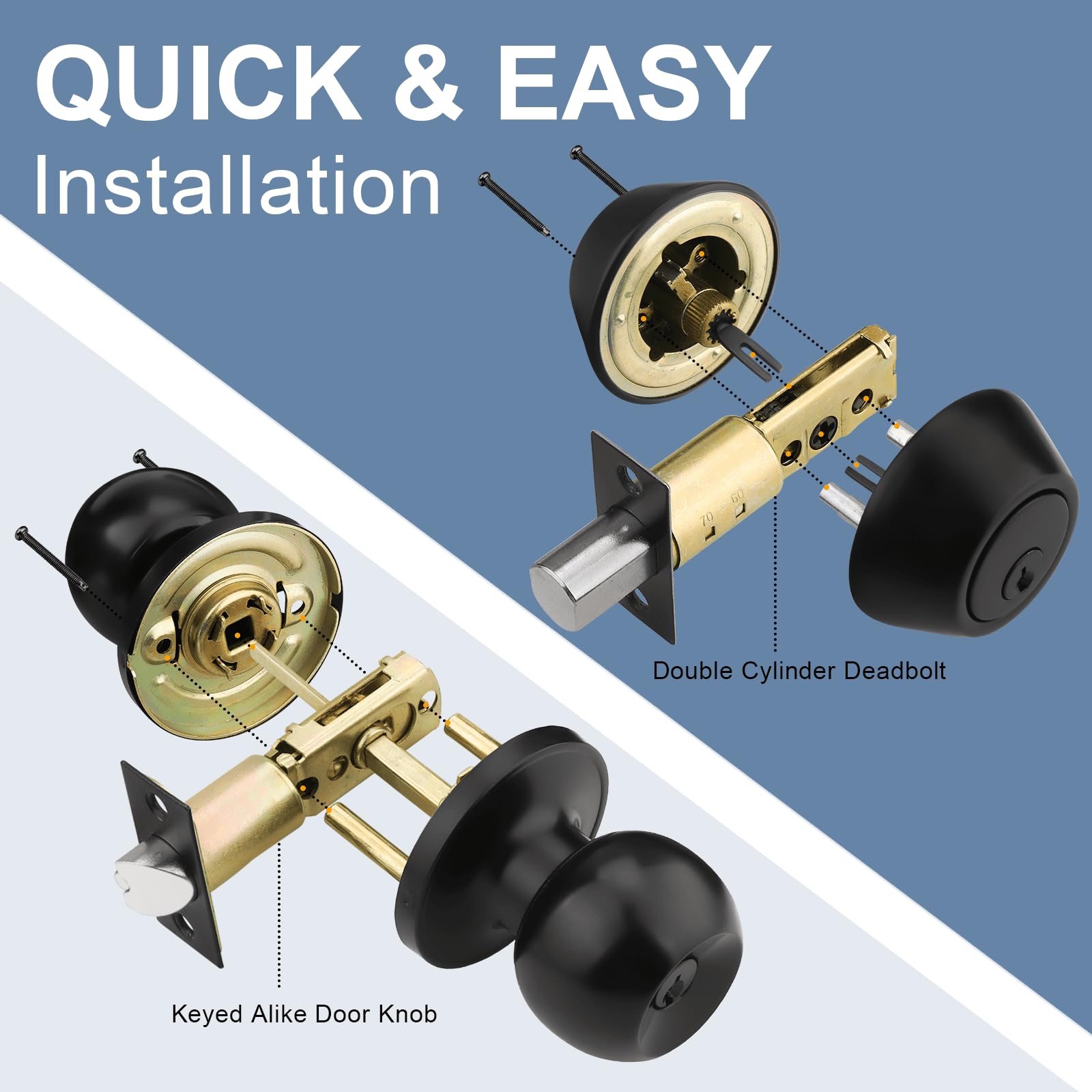 3 Pack Keyed Alike Entry Door Knob & Deadbolt Lock Set - Flat Black Exterior Door Hardware for Front Doors, Double Cylinder Deadbolt & Round Knob Combo - Secure Your Home, Office, or Apartment Entrance