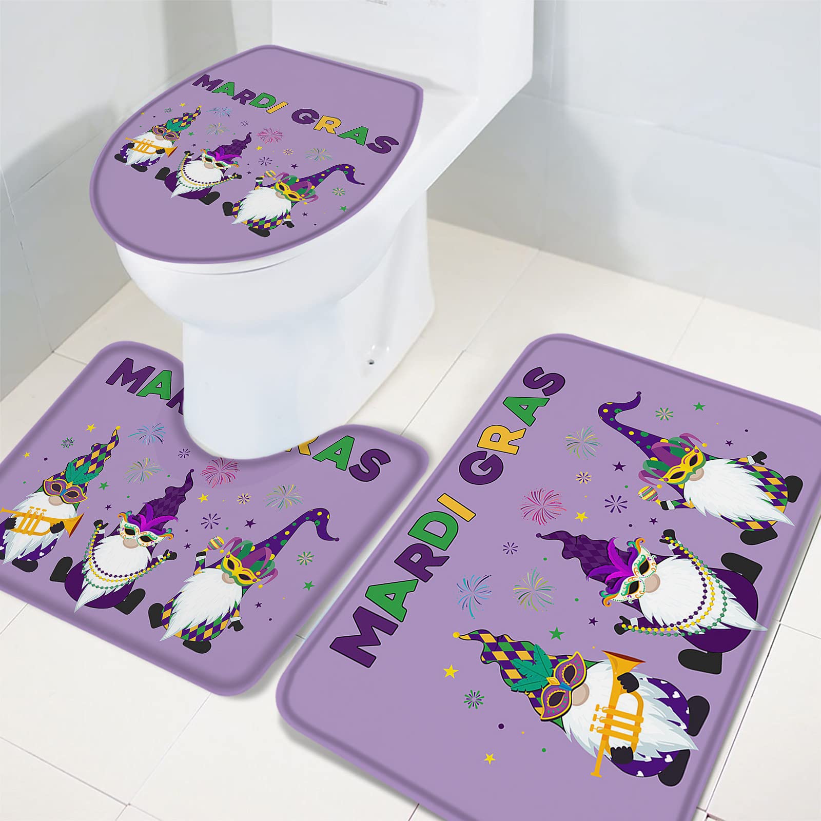 3-Piece Bathroom Rug Set - Non-Slip Absorbent Shower Mat, Contour Mat & Toilet Lid Cover | Mardi Gras Carnival Gnome Party Theme | Soft Bath Mats for Bathroom Safety & Decor | Perfect for Guest Bathrooms, Kids' Bathrooms & Themed Parties
