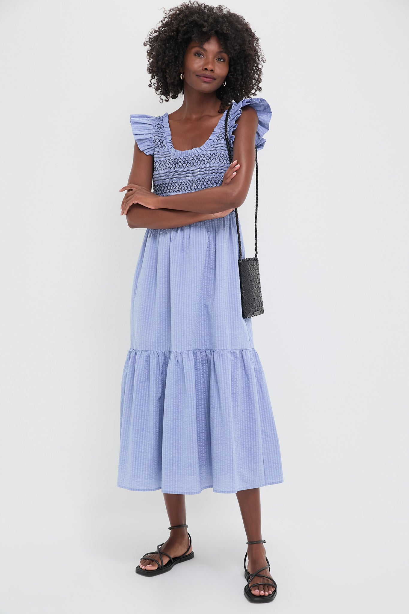 Blue Seersucker Smocked Maxine Dress for Women - Summer Casual & Beach Wear - Perfect for Outdoor Parties, Vacations and Date Nights