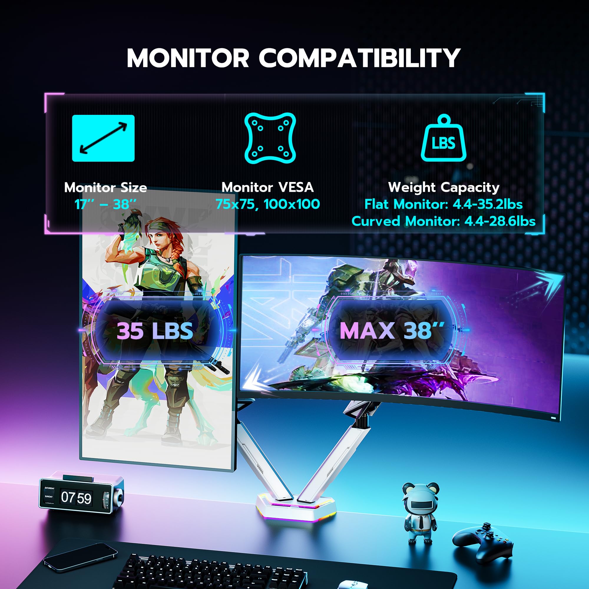 ARES WING RGB Dual Monitor Arm Stand for 17-38