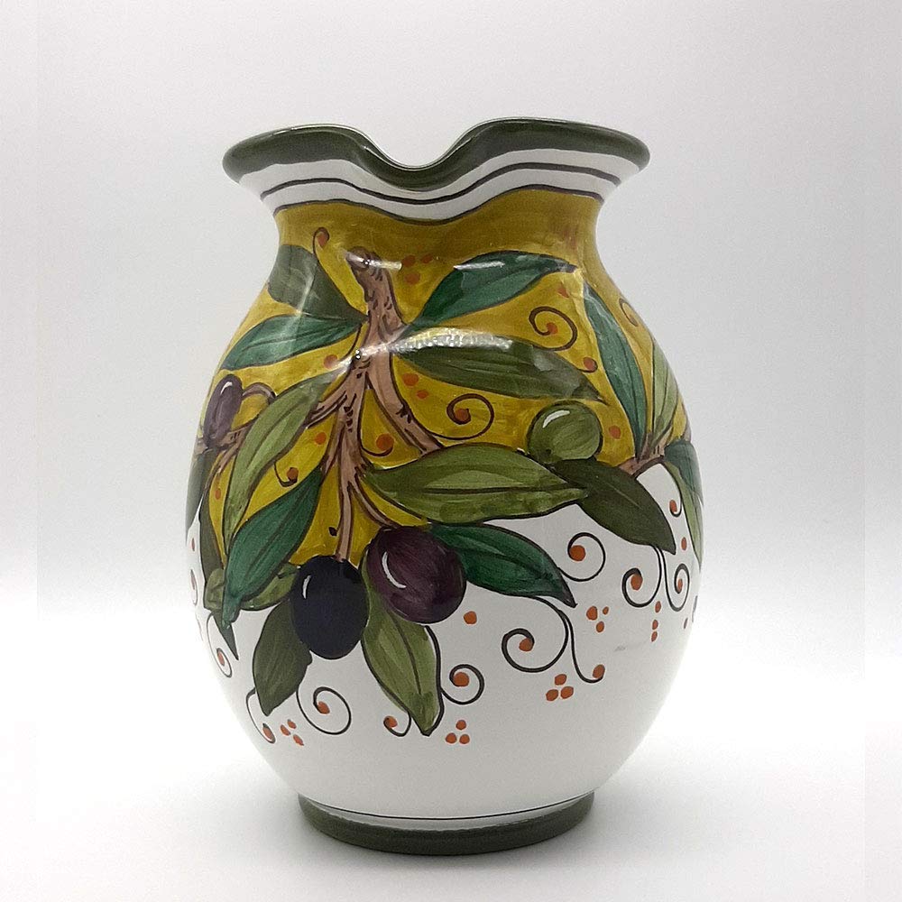 Italian Ceramic Pitcher 33oz - Hand Painted Olive Green Kitchen Carafe & Utensil Holder - Tuscan Pottery Wine Dispenser - Authentic Italian Home Decor for Dining Table, Kitchen Counter & Rustic Farmhouse Style