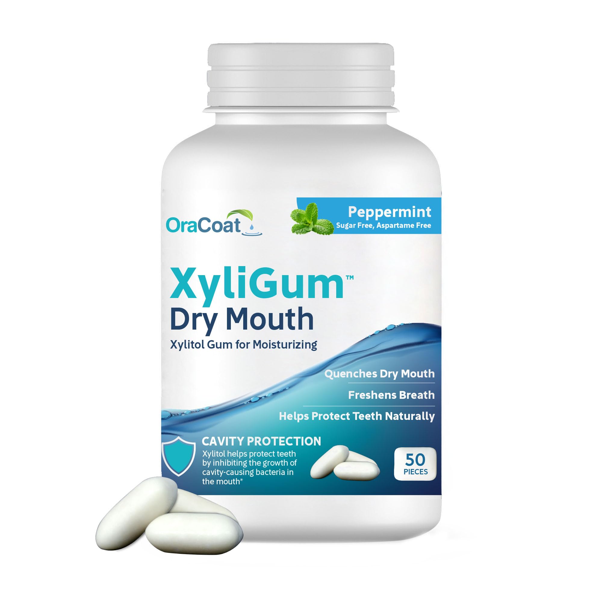 OraCoat XyliGum Sugar-Free Peppermint Chewing Gum for Dry Mouth Relief - 50 Count Bottle with Xylitol, Stimulates Saliva Production, Freshens Breath & Supports Oral Health - Ideal for Travel, Work & After Meals