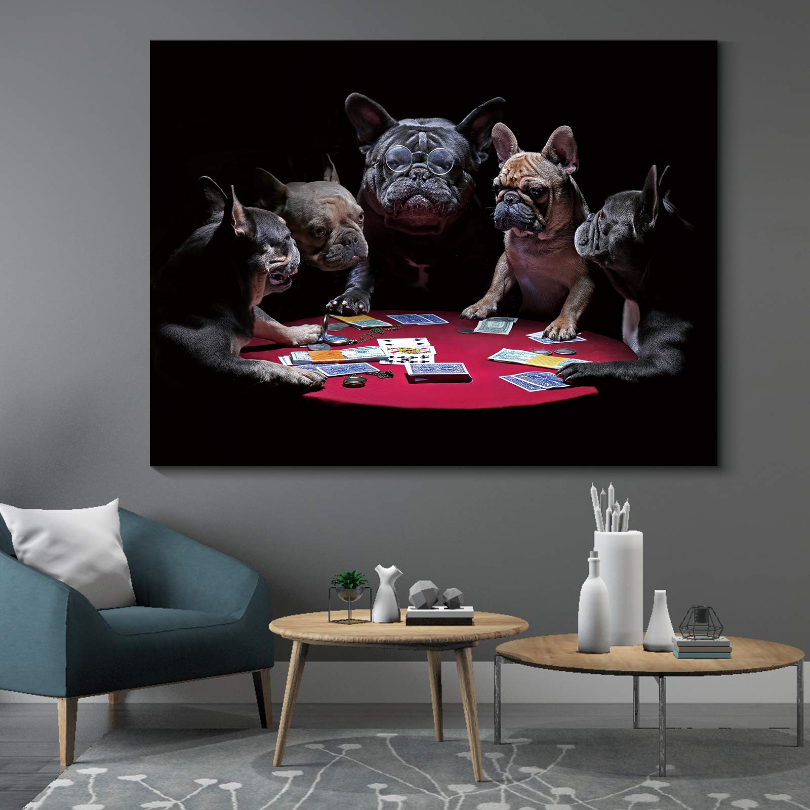 Denozer - Dogs Playing Poker by Cassius Marcellus Coolidge Oil Painting Reproduction - 48x36 Inch Giclee Canvas Print, Gallery Wrapped & Ready to Hang - Entertainment Room, Game Room, Bar & Man Cave Wall Art Decor