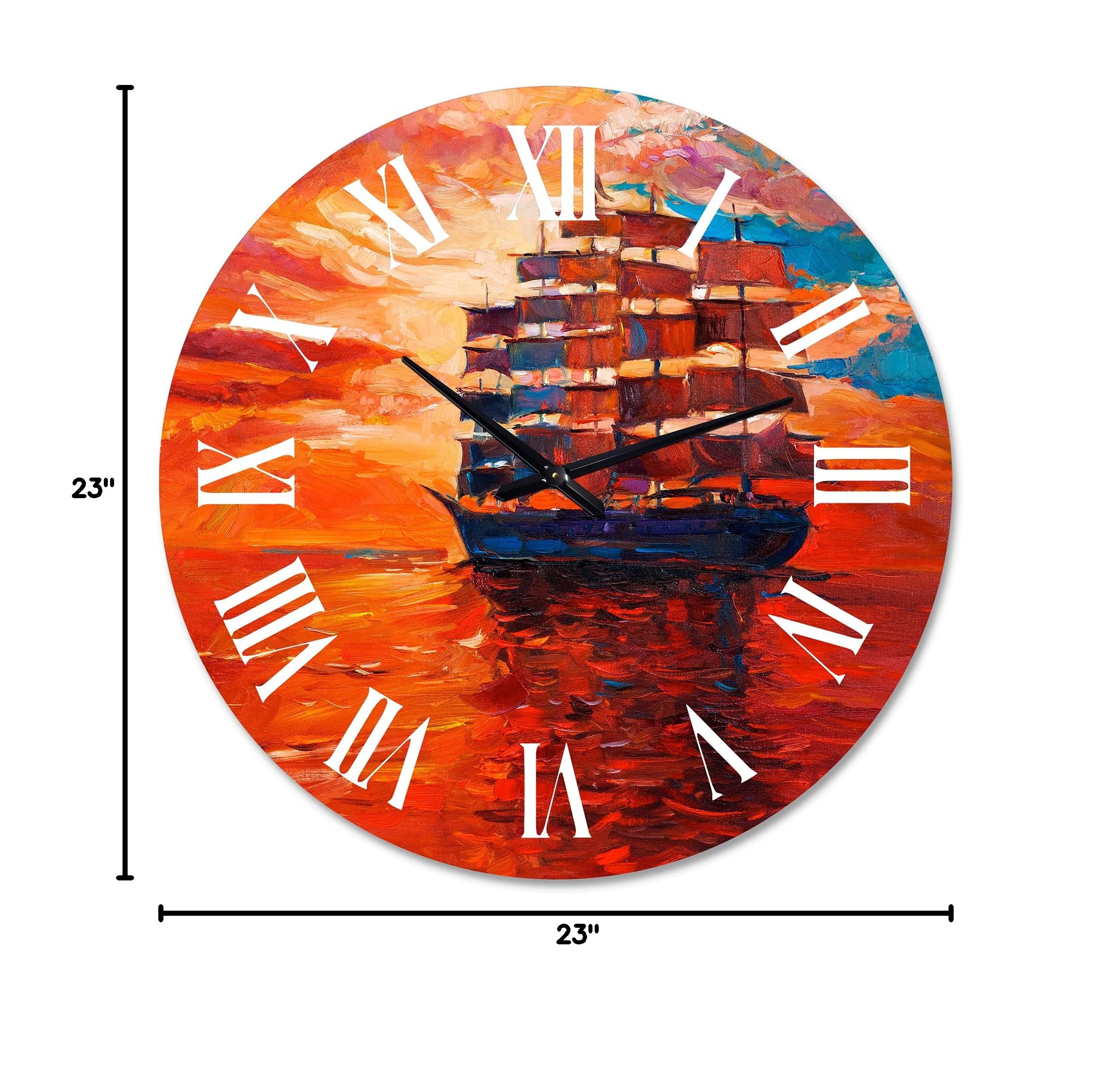DesignQ Nautical Coastal Wall Clock - 'Frigate at Sunset on Ocean Horizon' Red Round Clock for Bedroom, Living Room & Office Decor | Perfect for Beach House, Coastal Theme & Home Styling