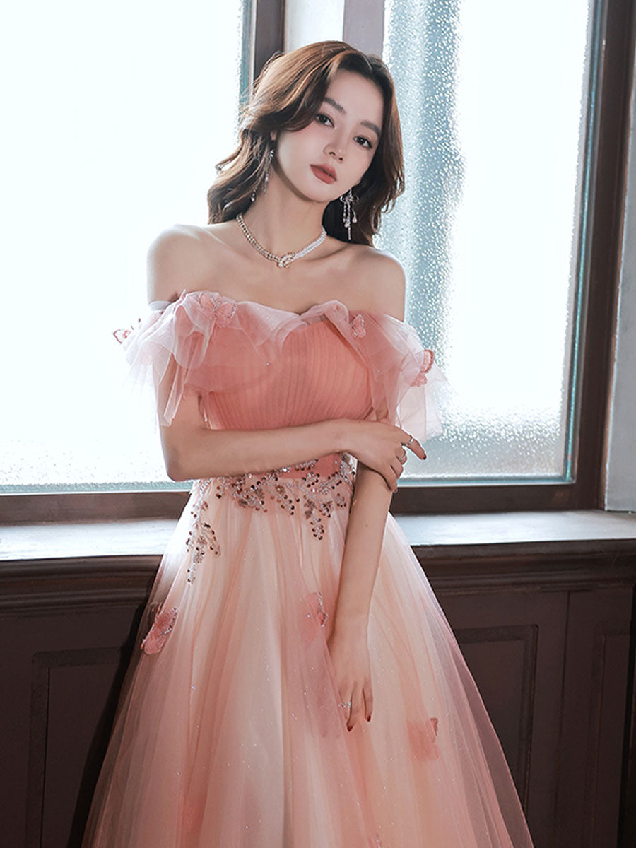Elegant Pink Off-Shoulder Tulle Long Prom Dress for Women - Formal Evening Gown for Homecoming, Wedding, Quinceañera & Special Occasions