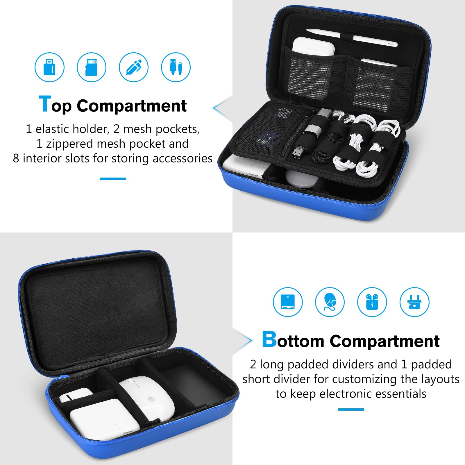 ProCase Hard Travel Electronic Organizer Case for MacBook Accessories - Compatible with Power Adapter, Chargers, Cables, Power Bank, Apple Magic Mouse, Apple Pencil, USB Flash Drive & SD Cards - Portable Storage Bag for Office, Travel & Daily Use (Large, Blue)