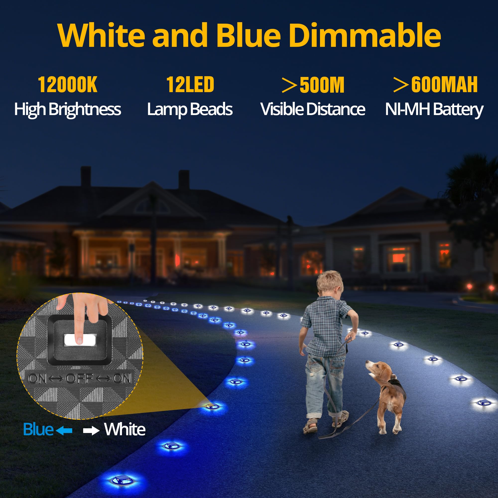 12 Pack Solar Dock Lights Outdoor Waterproof IP68 - 2 Color Modes (Blue/White) Solar Deck Lights for Driveway, Step, Sidewalk, Pathway, Patio, Garden - Perfect for Nighttime Safety & Landscape Lighting