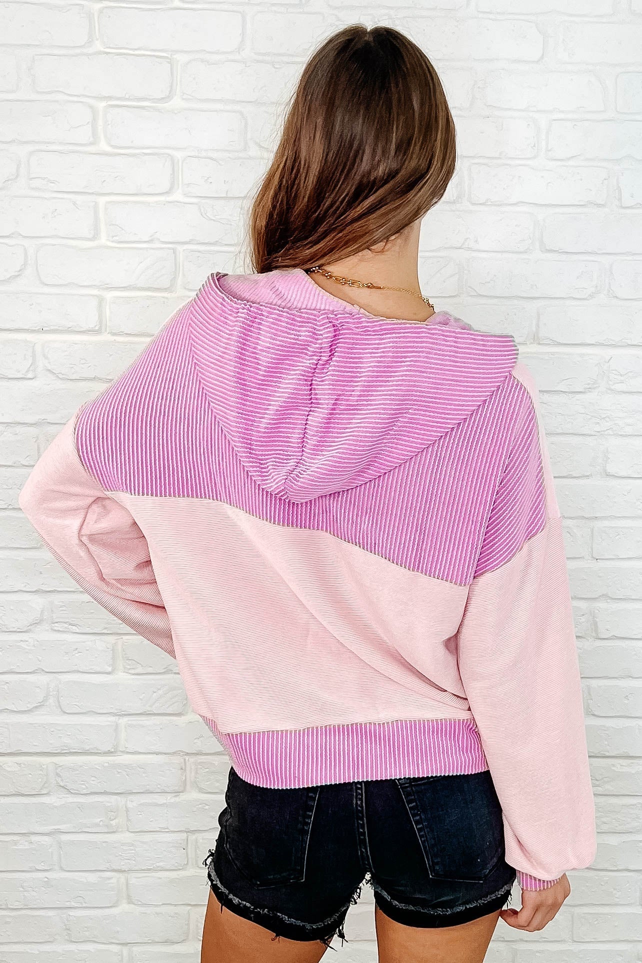 Here for Now Color Block Hoodie - Women's Pink Pullover Sweatshirt | Casual Streetwear Fashion | Perfect for Everyday Wear, Gym & Outdoor Activities