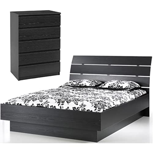 Black Woodgrain Queen Bedroom Set - Platform Bed & 5-Drawer Chest for Modern Homes