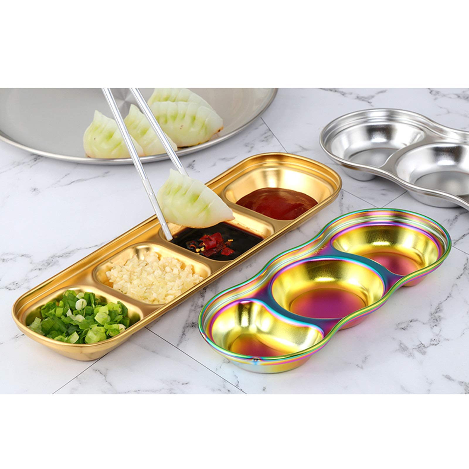 304 Stainless Steel 4-Compartment Sauce Dipping Bowls - Durable Condiment Serving Dishes for Appetizers, Fruits, Snacks & Soy Sauce - Perfect for Parties, BBQs, Sushi & Asian Cuisine