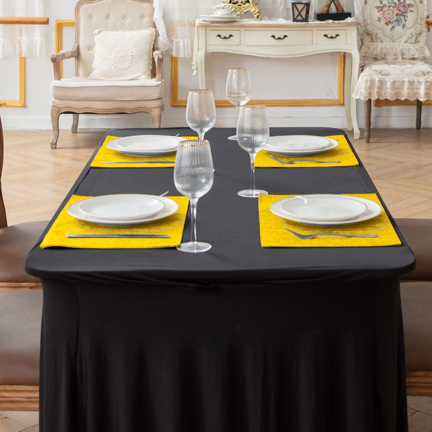 Premium 8-Piece Linen-Like Polyester Placemats Set - Machine Washable, Heat Resistant & Wrinkle-Free Thick Dining Table Mats for Kitchen & Home Decor (Yellow) - Perfect for Everyday Meals, Dinner Parties & Holiday Gatherings