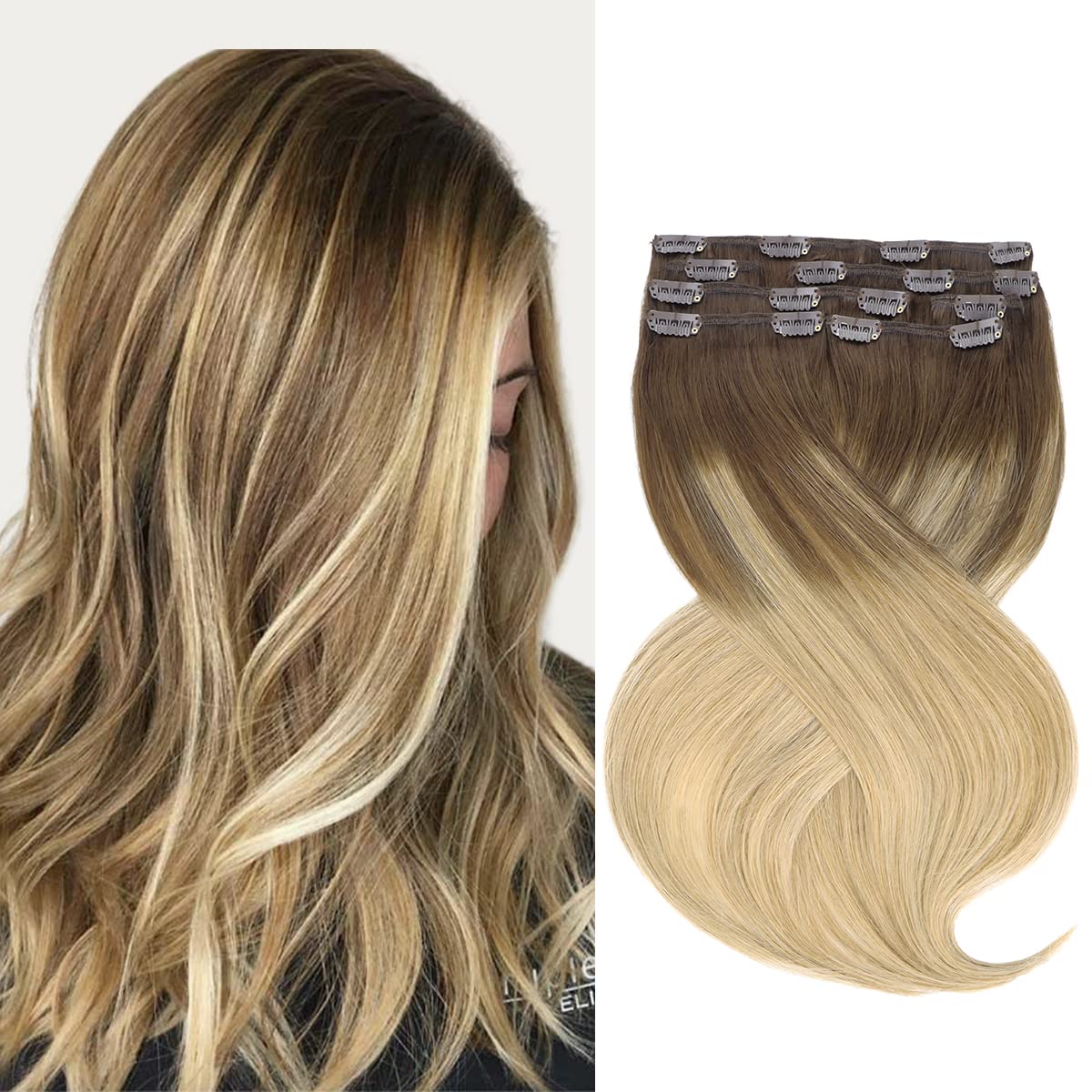 Marat Clip in Human Hair Extensions 20 Inch 120g - Chocolate Brown to Dirty Blonde Straight Hair Extensions for Women | Perfect for Parties, Weddings & Daily Styling