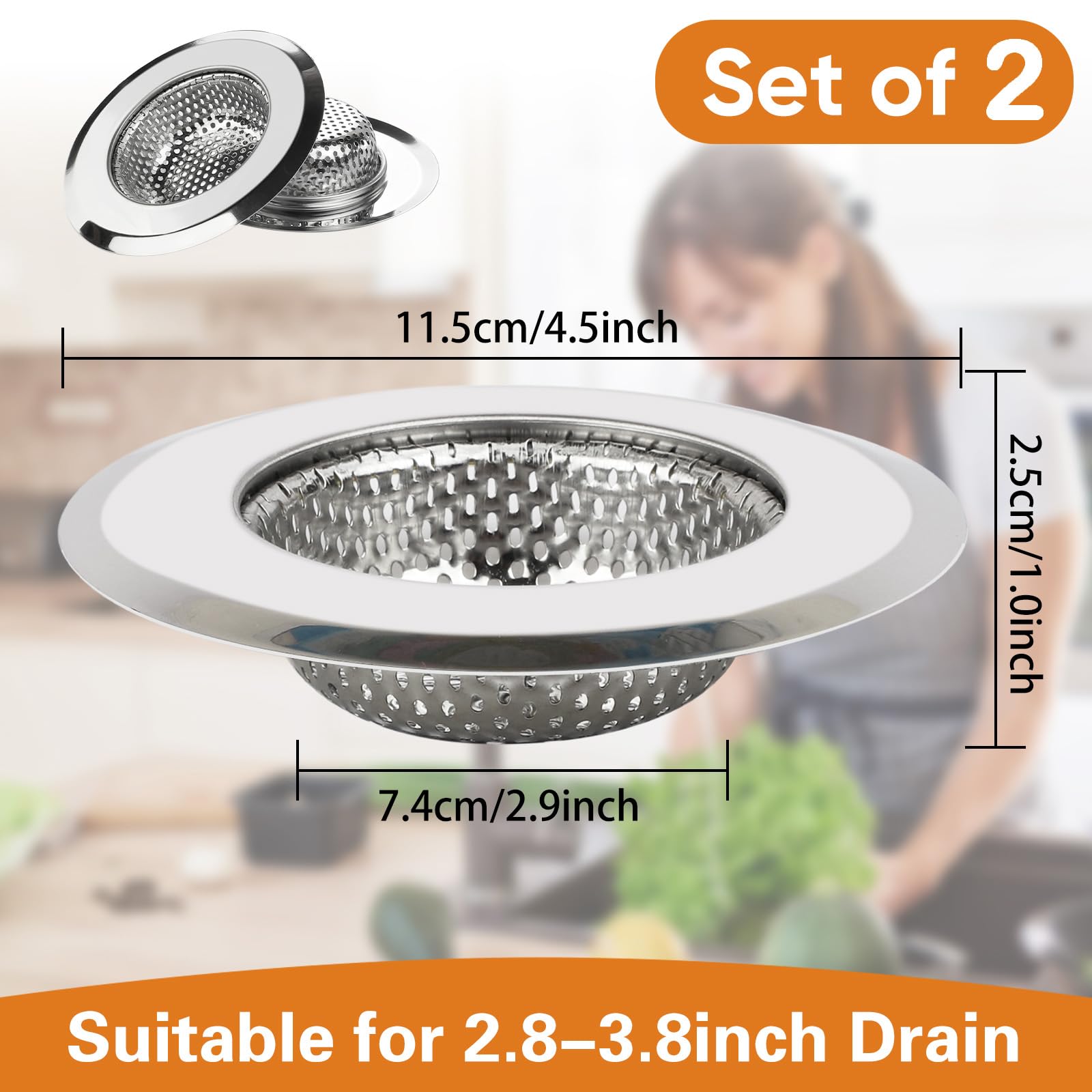 2 Pack 4.5 Inch Stainless Steel Kitchen Sink Strainer - Durable Sink Drain Food Catcher for Kitchen, Bathroom, and Utility Sinks
