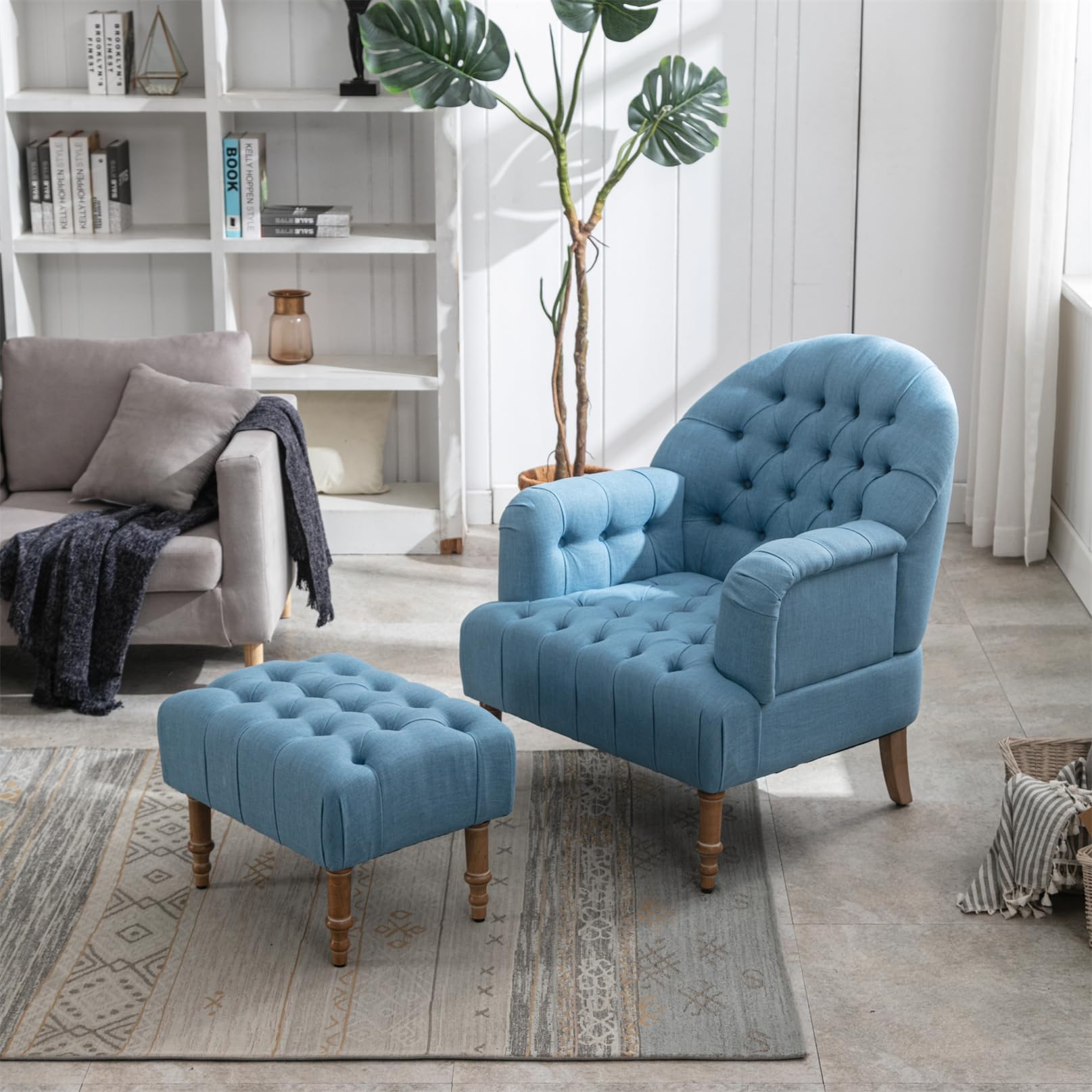PIRIK Mid Century Modern Single Sofa Accent Chair - Button-Tufted Upholstered Recliner with Linen Fabric & Ottoman | Wingback Lounge Chair for Living Room, Office, Bedroom | Perfect for Relaxing, Reading & Home Decor