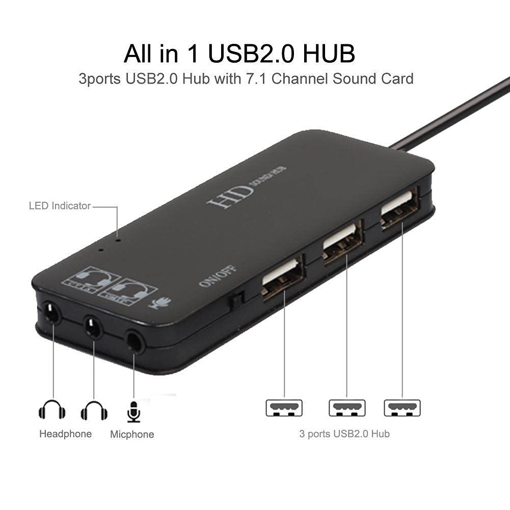 Echwave 3-Port USB 2.0 Hub with 7.1 Channel Sound Card - External USB Audio Adapter for PC, Headset & Microphone - Black | Perfect for Gaming, Streaming & Conference Calls
